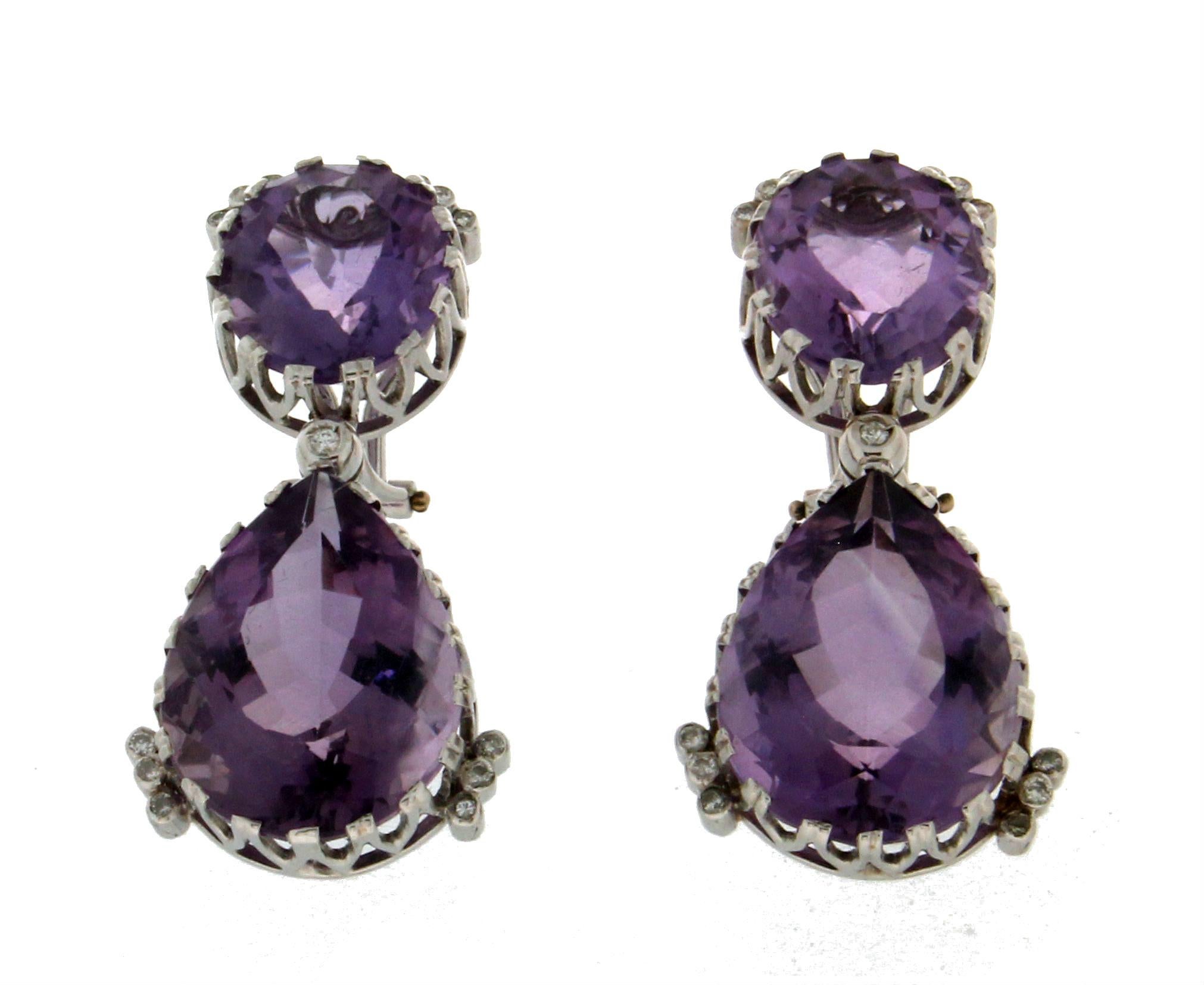 Artisan Handcraft Amethyst 18 Karat White Gold Diamonds Drop Earrings For Sale