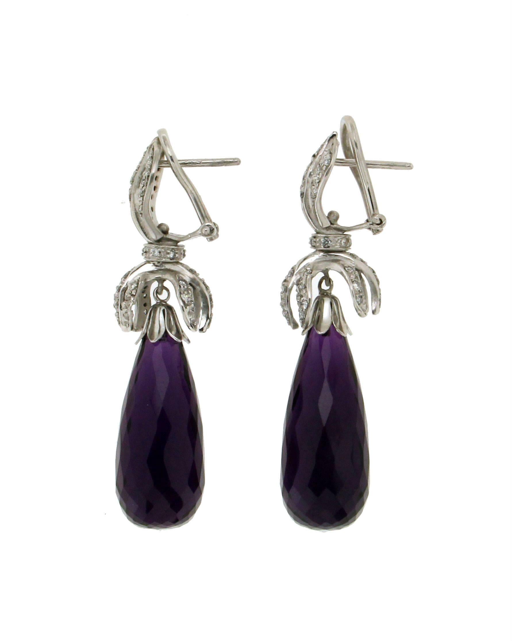 Artisan Handcraft Amethyst 18 Karat White Gold Diamonds Drop Earrings For Sale