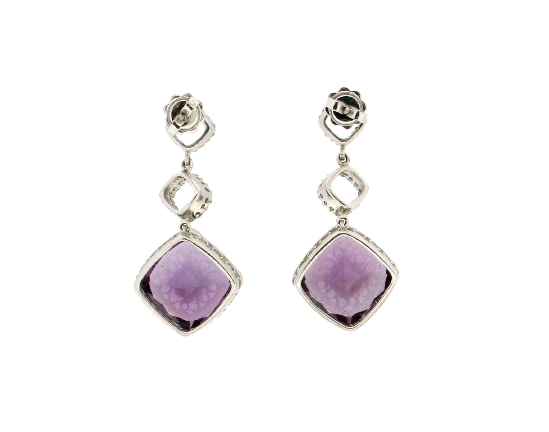 Brilliant Cut Handcraft Amethyst 18 Karat White Gold Diamonds Drop Earrings For Sale