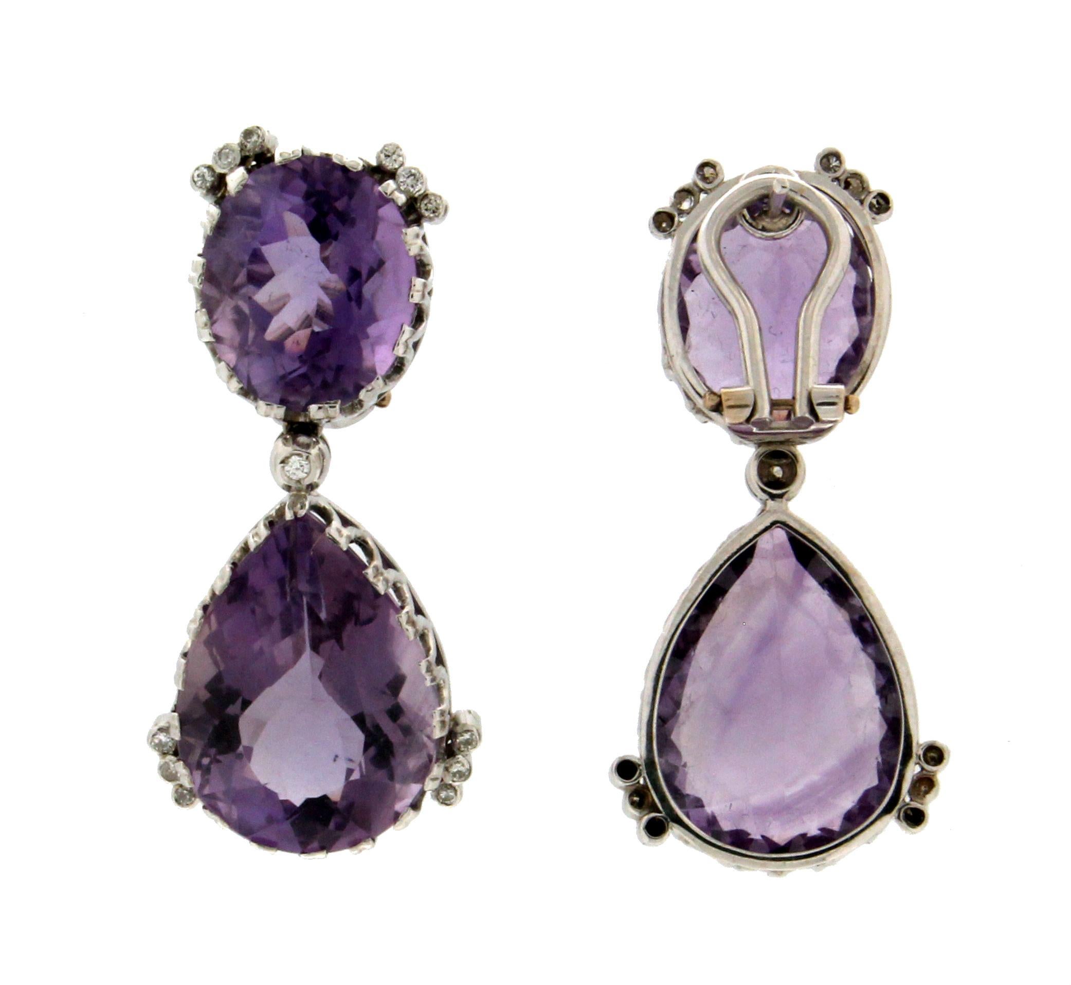 Mixed Cut Handcraft Amethyst 18 Karat White Gold Diamonds Drop Earrings For Sale