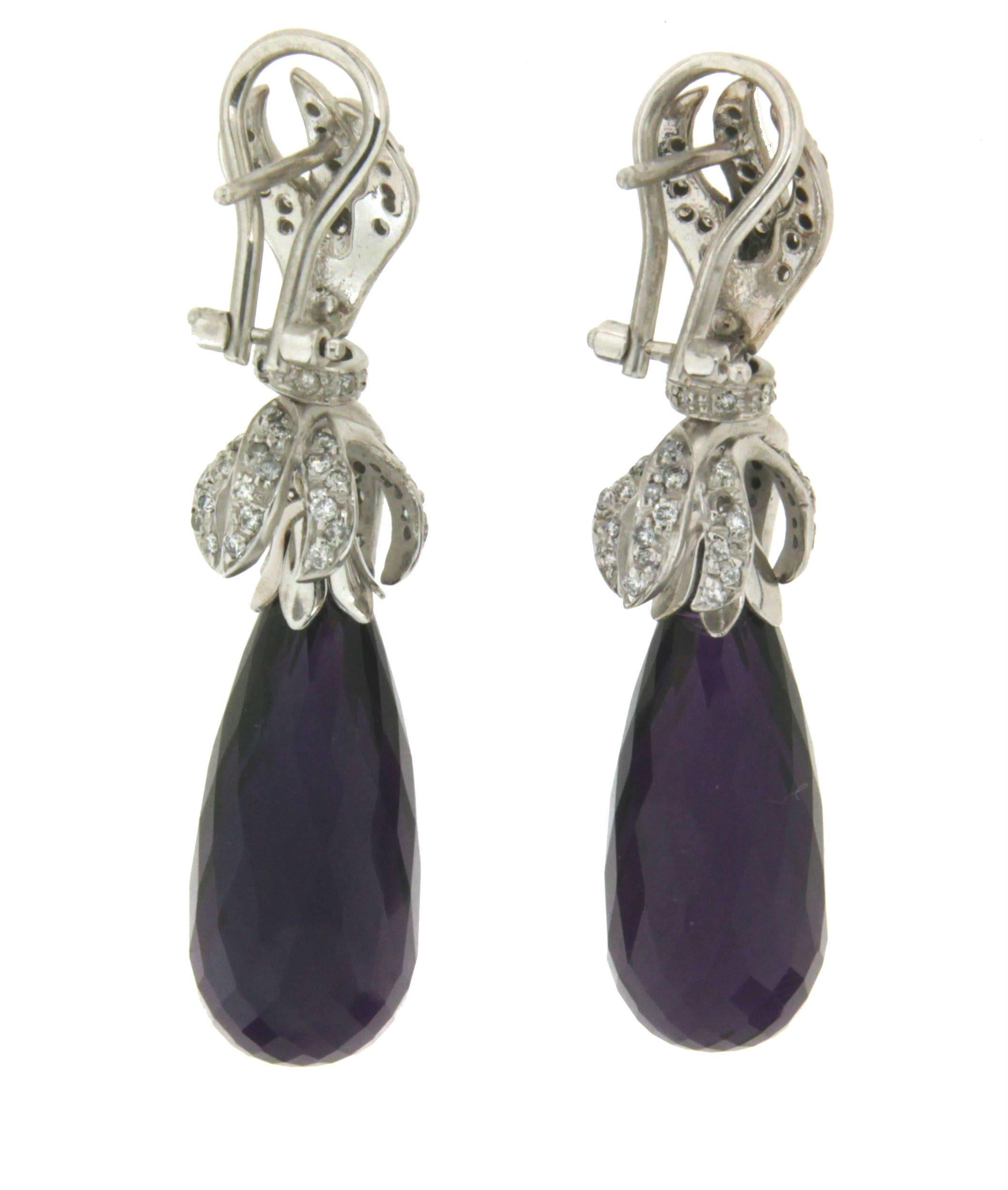 Brilliant Cut Handcraft Amethyst 18 Karat White Gold Diamonds Drop Earrings For Sale