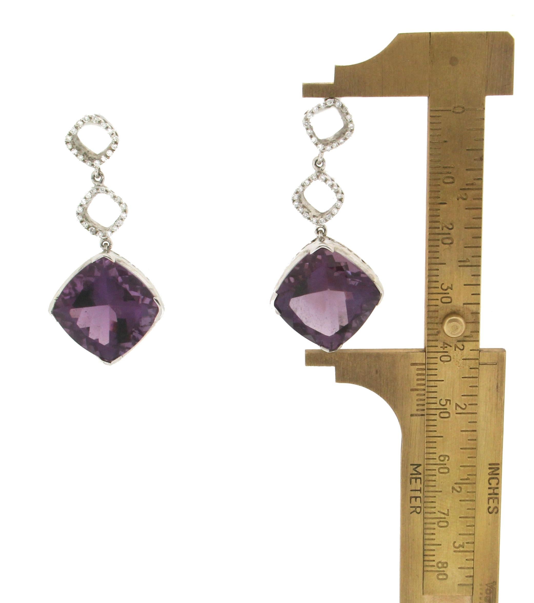 Handcraft Amethyst 18 Karat White Gold Diamonds Drop Earrings In New Condition For Sale In Marcianise, IT