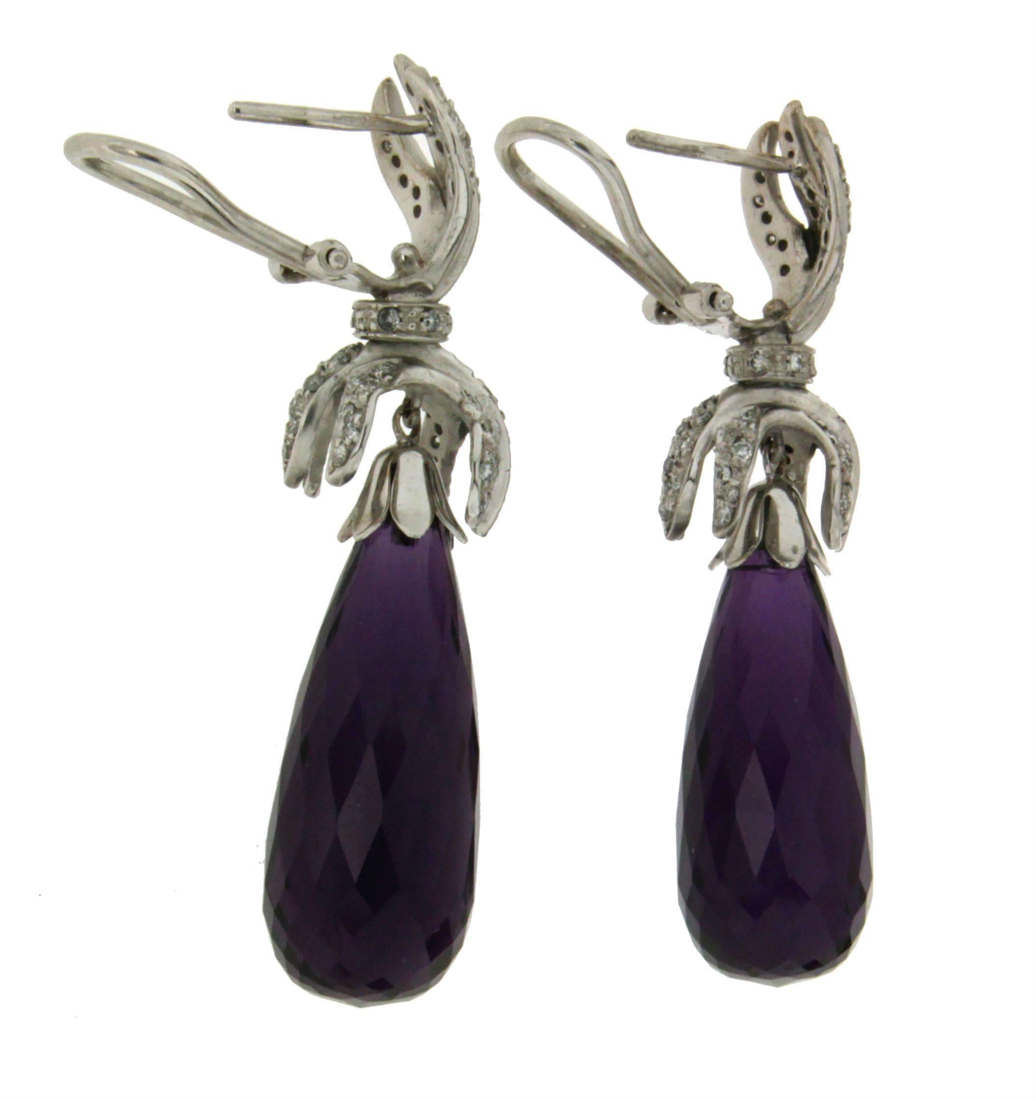 Handcraft Amethyst 18 Karat White Gold Diamonds Drop Earrings In New Condition For Sale In Marcianise, IT