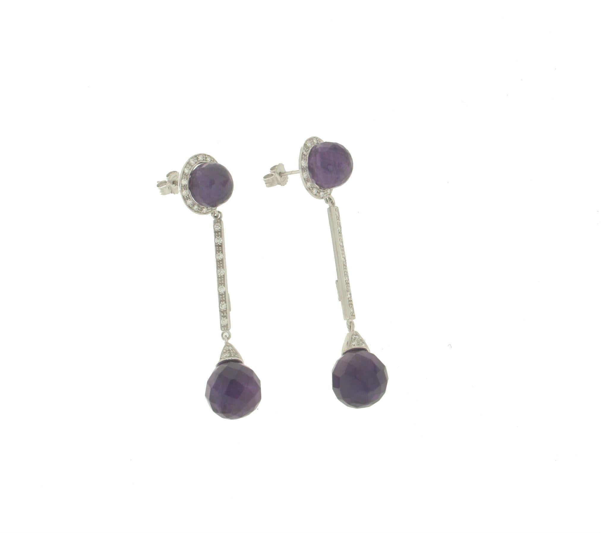 Handcraft Amethyst 18 Karat White Gold Diamonds Drop Earrings In New Condition For Sale In Marcianise, IT