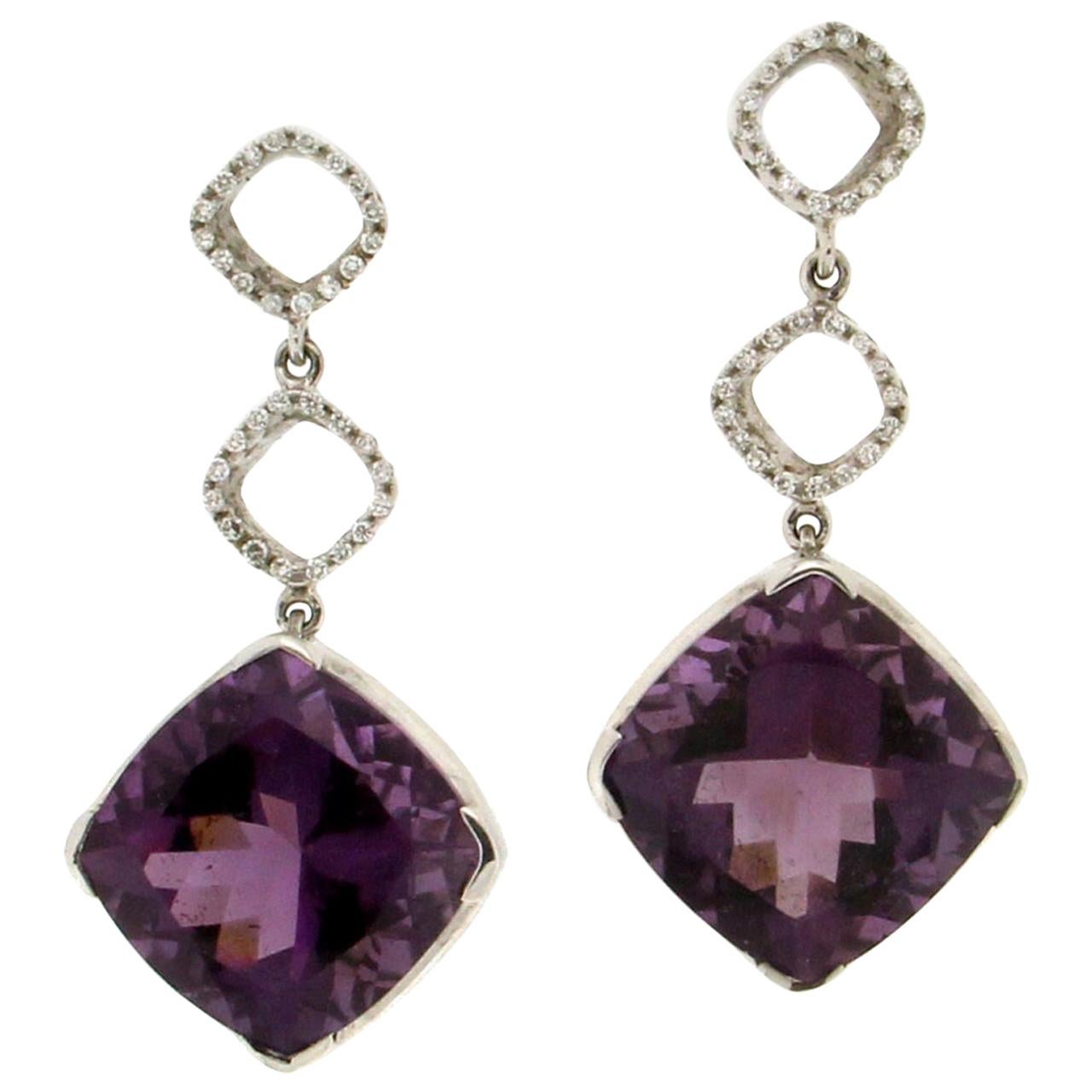 Handcraft Amethyst 18 Karat White Gold Diamonds Drop Earrings For Sale