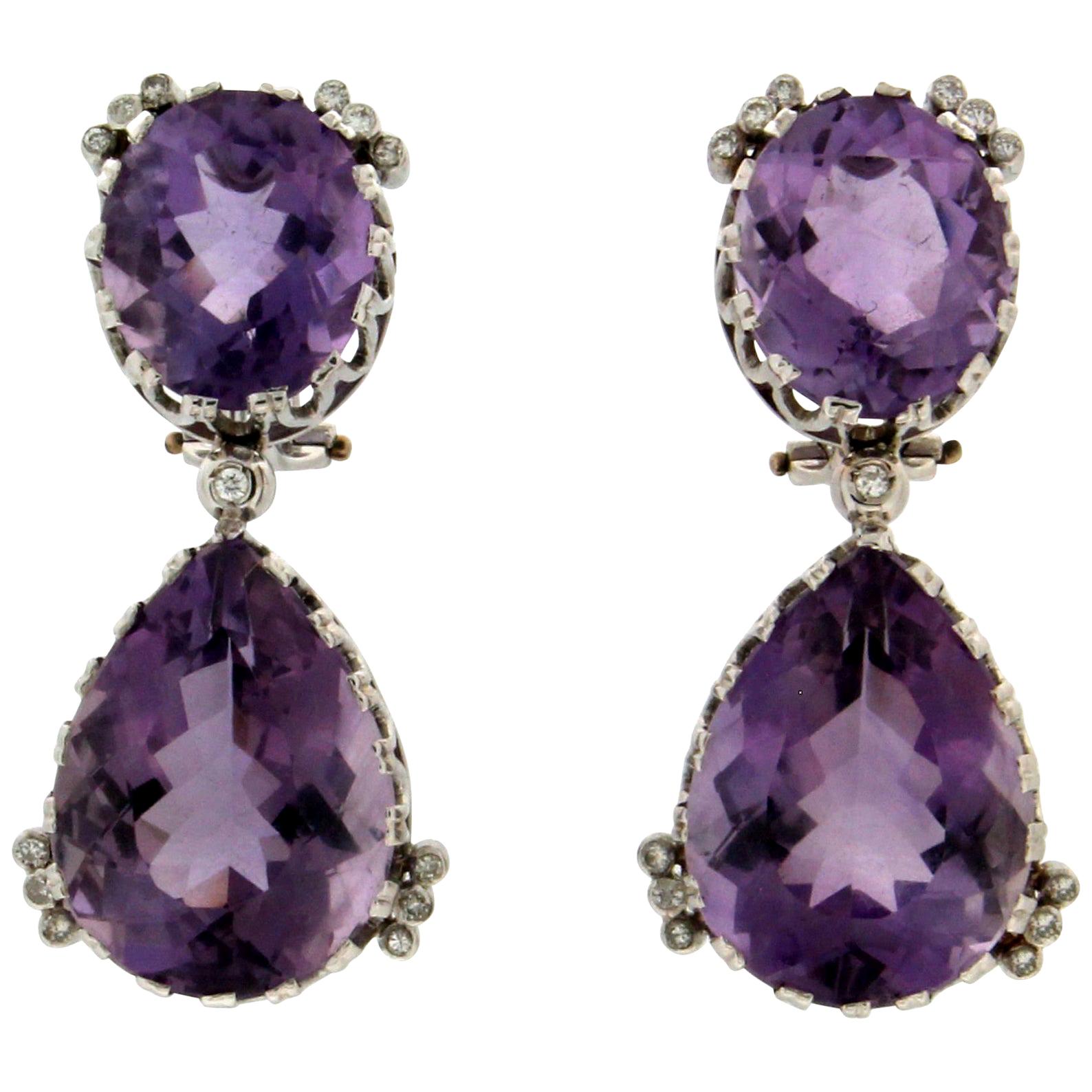 Handgefertigte Amethyst-Tropfenohrringe aus 18 Karat Weißgold mit Diamanten