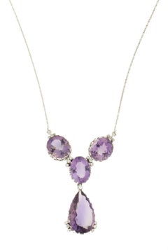 Handcraft Amethyst 18 Karat White Gold Diamonds Drop Necklace