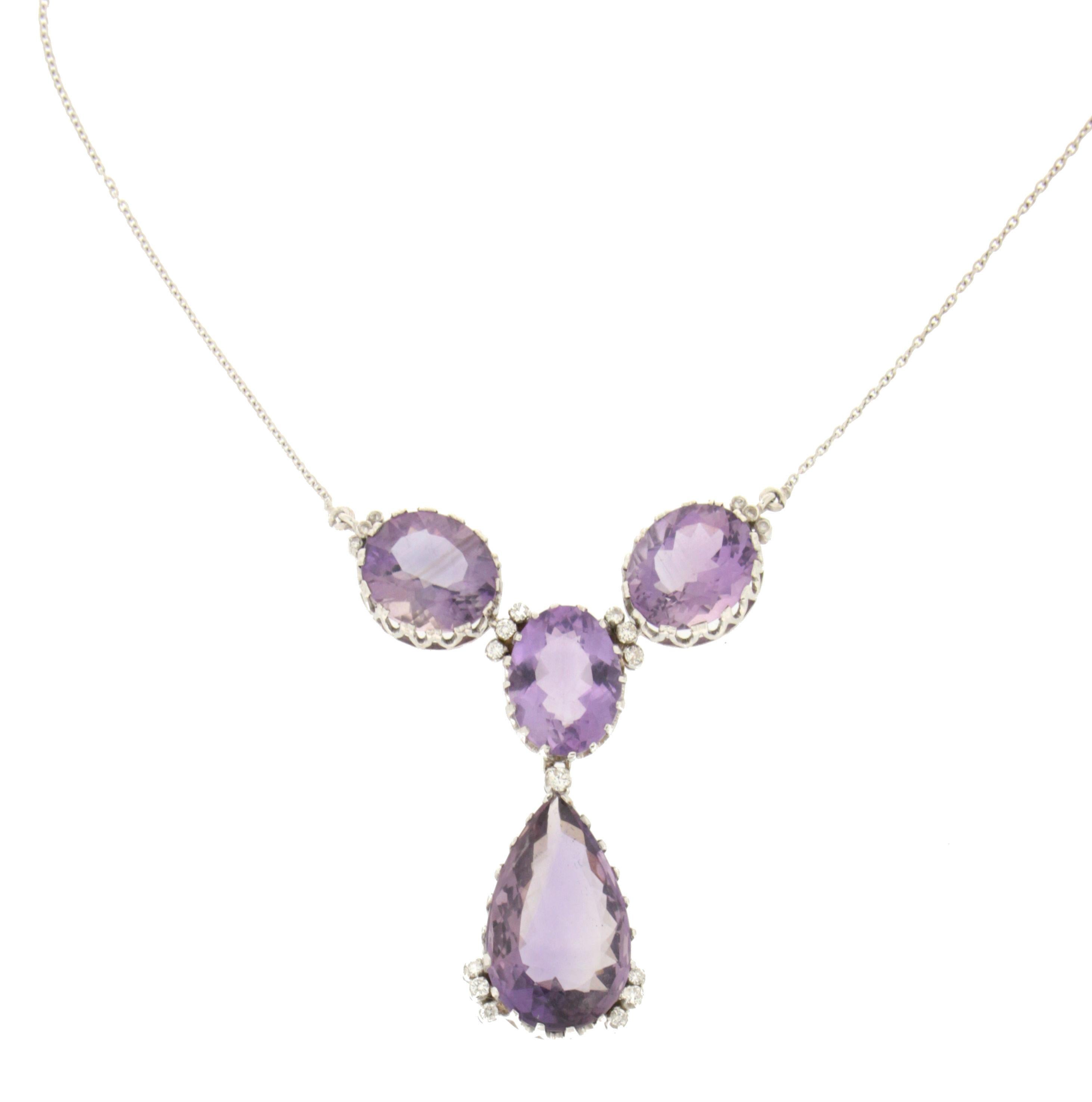 Artisan Handcraft Amethyst 18 Karat White Gold Diamonds Drop Necklace For Sale