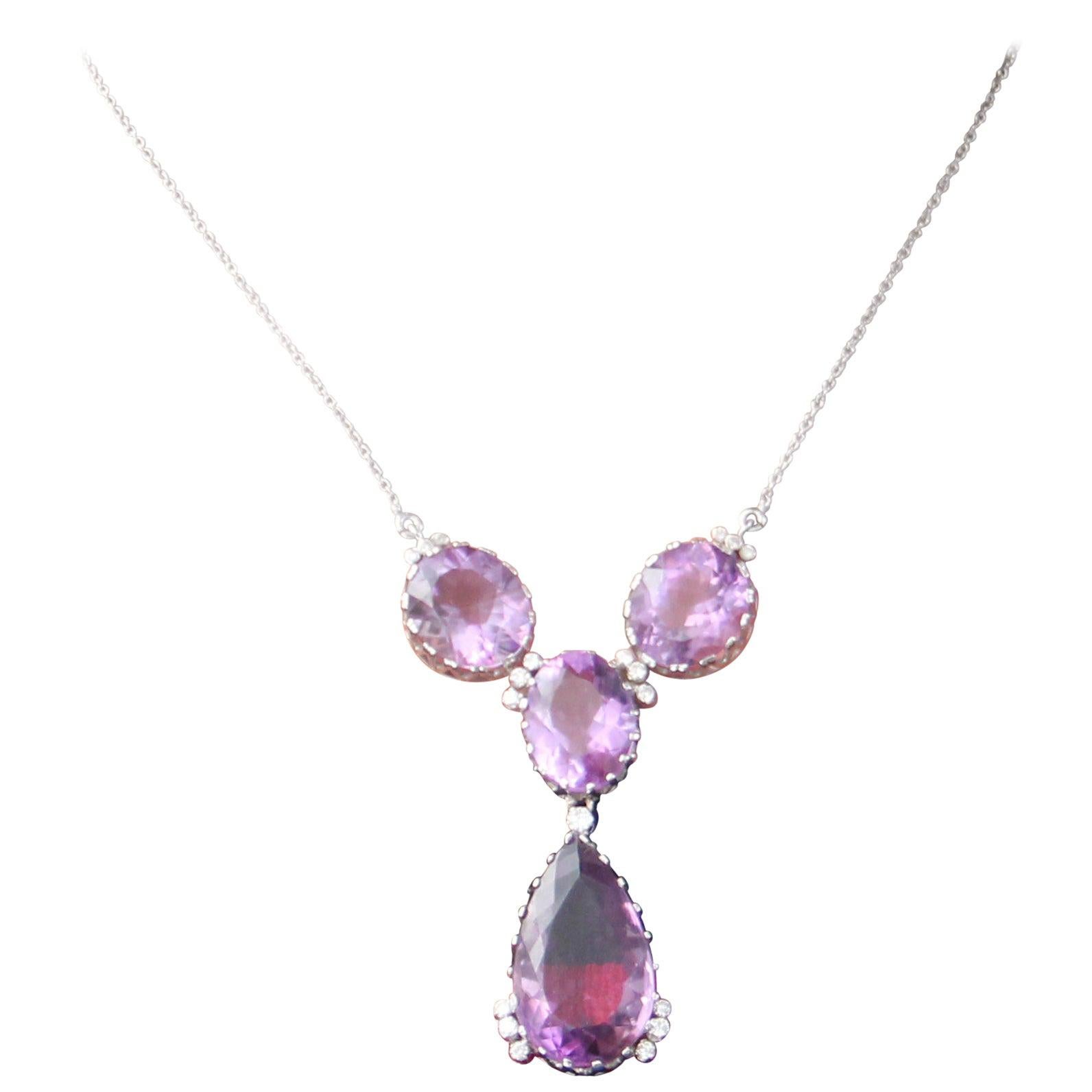 Collar Gota Amatista Artesanal Oro Blanco 18 Kilates Diamantes