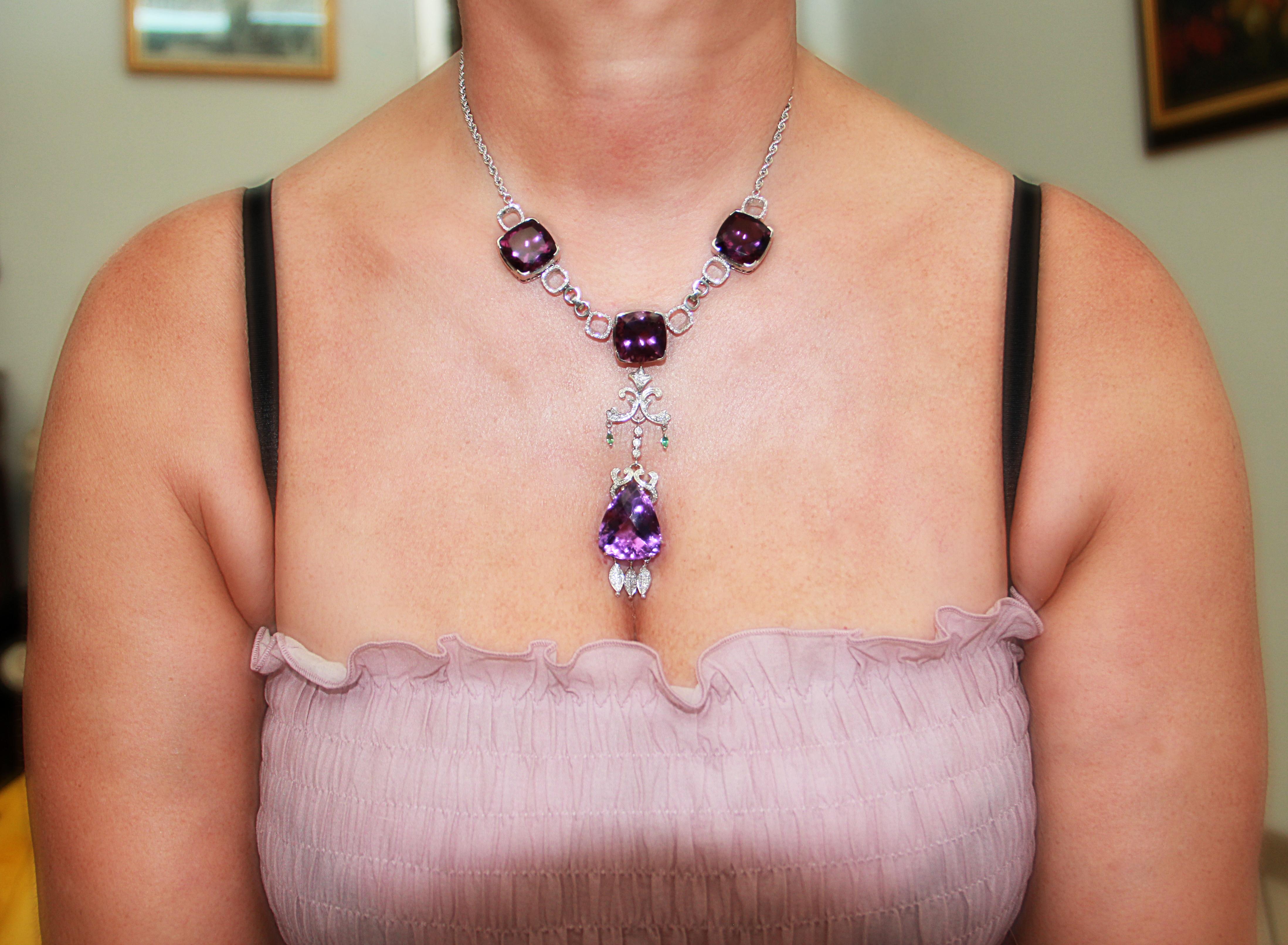 Brilliant Cut Handcraft Amethyst 18 Karat White Gold Diamonds Emeralds Pendant Necklace For Sale