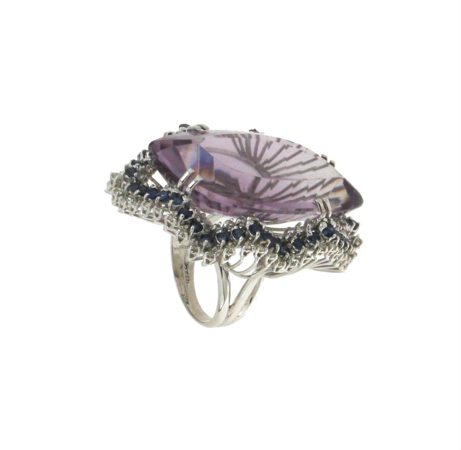 Mixed Cut Handcraft Amethyst 18 Karat White Gold Diamonds Sapphires Cocktail Ring For Sale