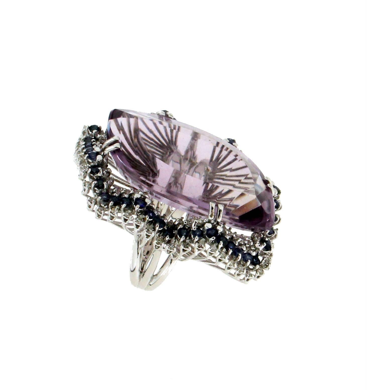 Handcraft Amethyst 18 Karat White Gold Diamonds Sapphires Cocktail Ring In New Condition For Sale In Marcianise, IT