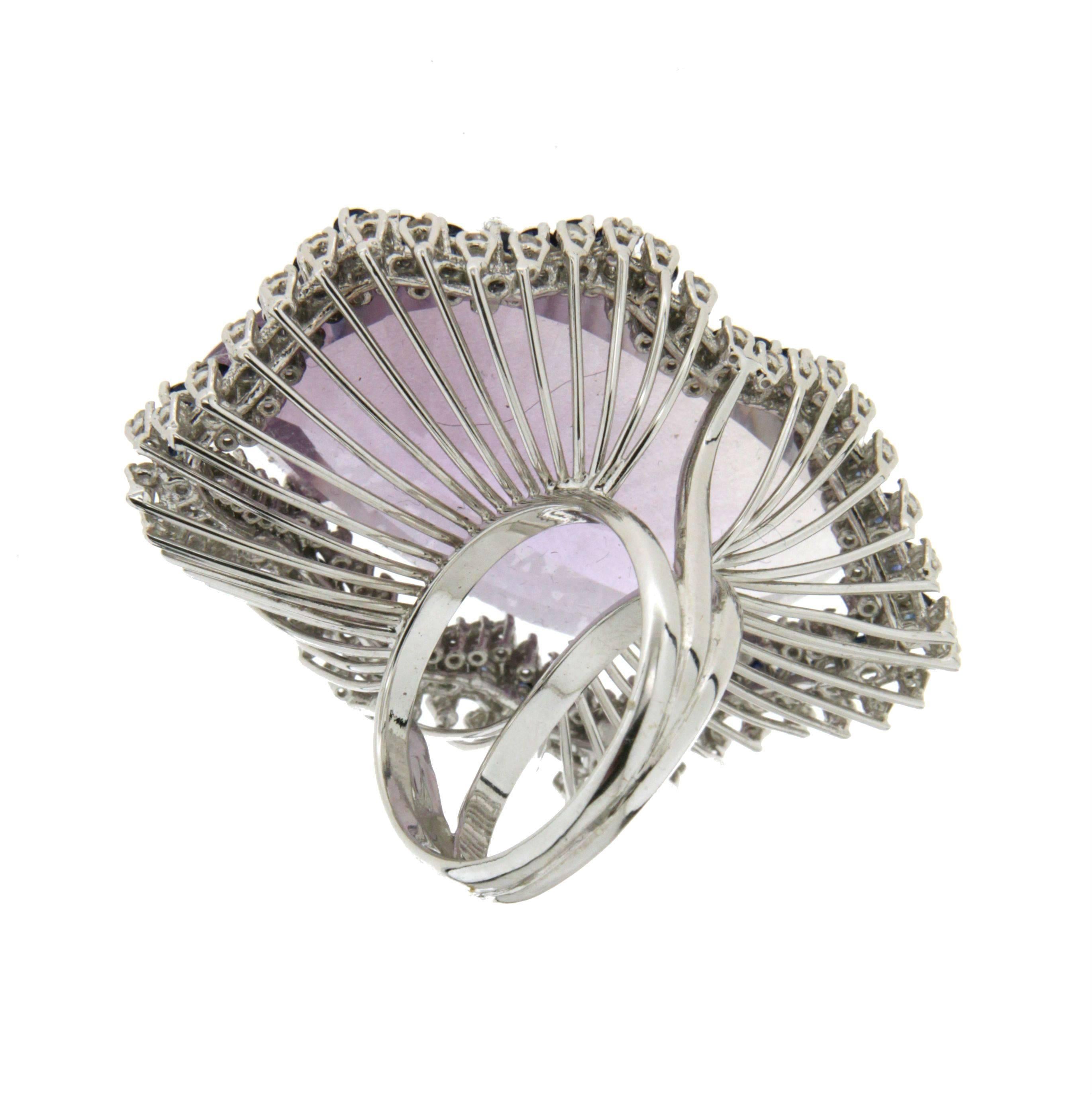 Handcraft Amethyst 18 Karat White Gold Diamonds Sapphires Cocktail Ring For Sale 1