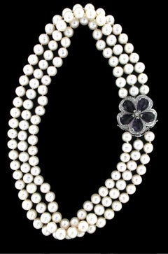 Handcraft Amethyst 18 Karat White Gold Pearls and Diamonds Multi-Strand Necklace