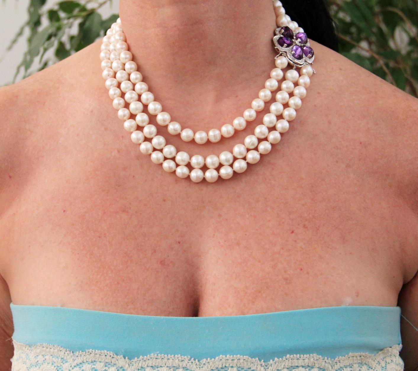 Collier artisanal à plusieurs rangs d'améthystes, de perles en or blanc 18 carats et de diamants Neuf - En vente à Marcianise, IT