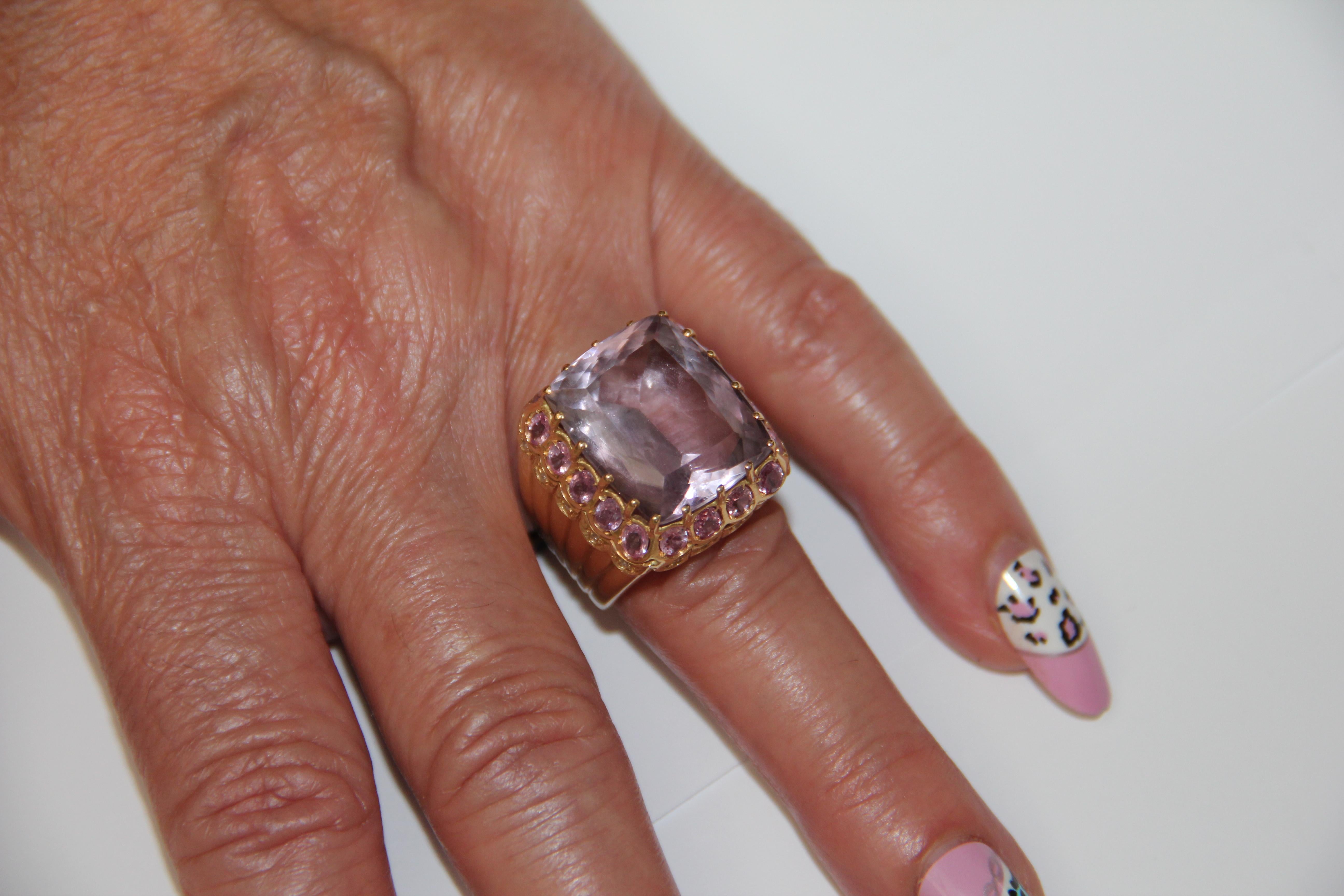 Handcraft Amethyst 18 Karat Yellow Gold Diamonds Pink Sapphires Cocktail Ring For Sale 5