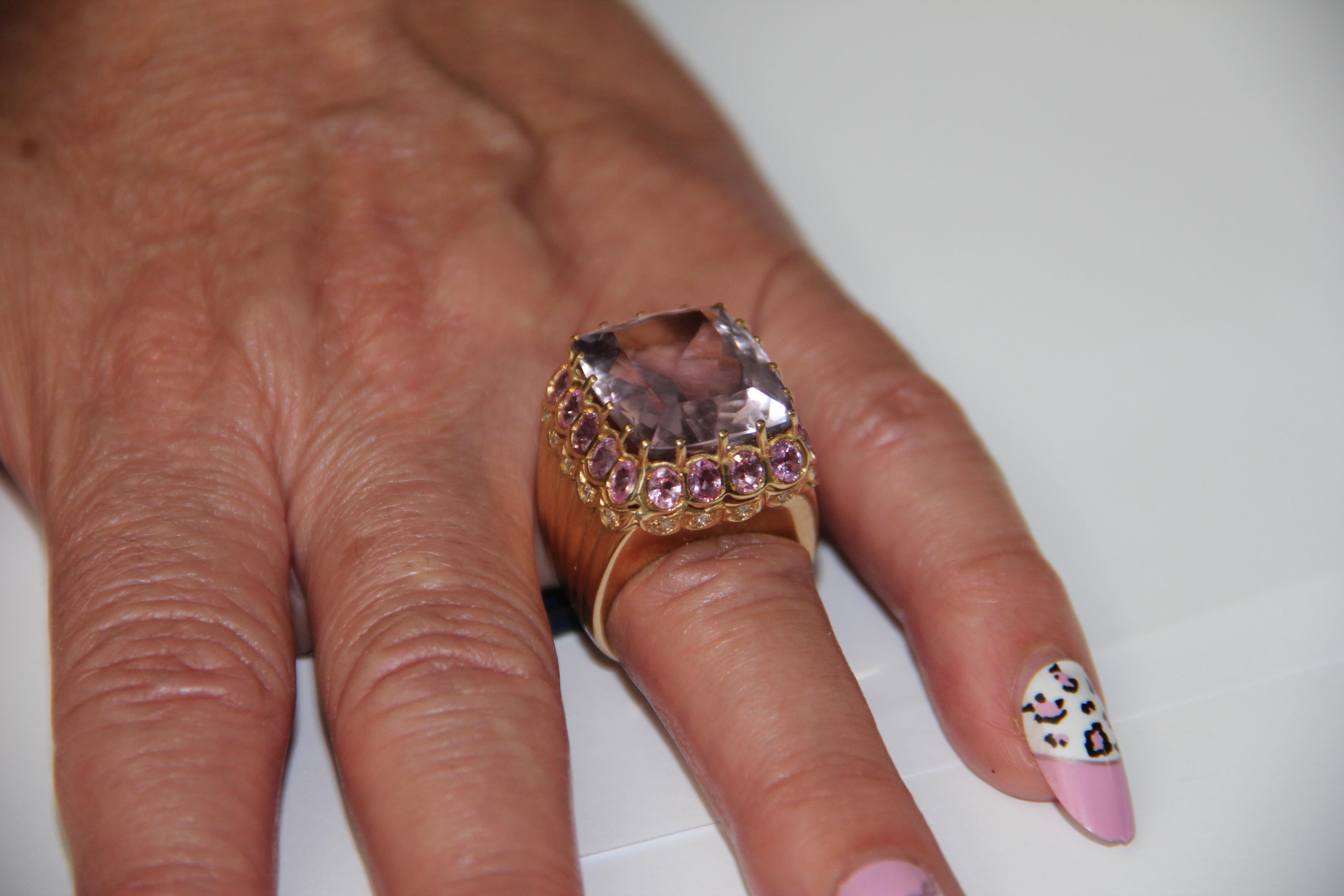 Handcraft Amethyst 18 Karat Yellow Gold Diamonds Pink Sapphires Cocktail Ring For Sale 7