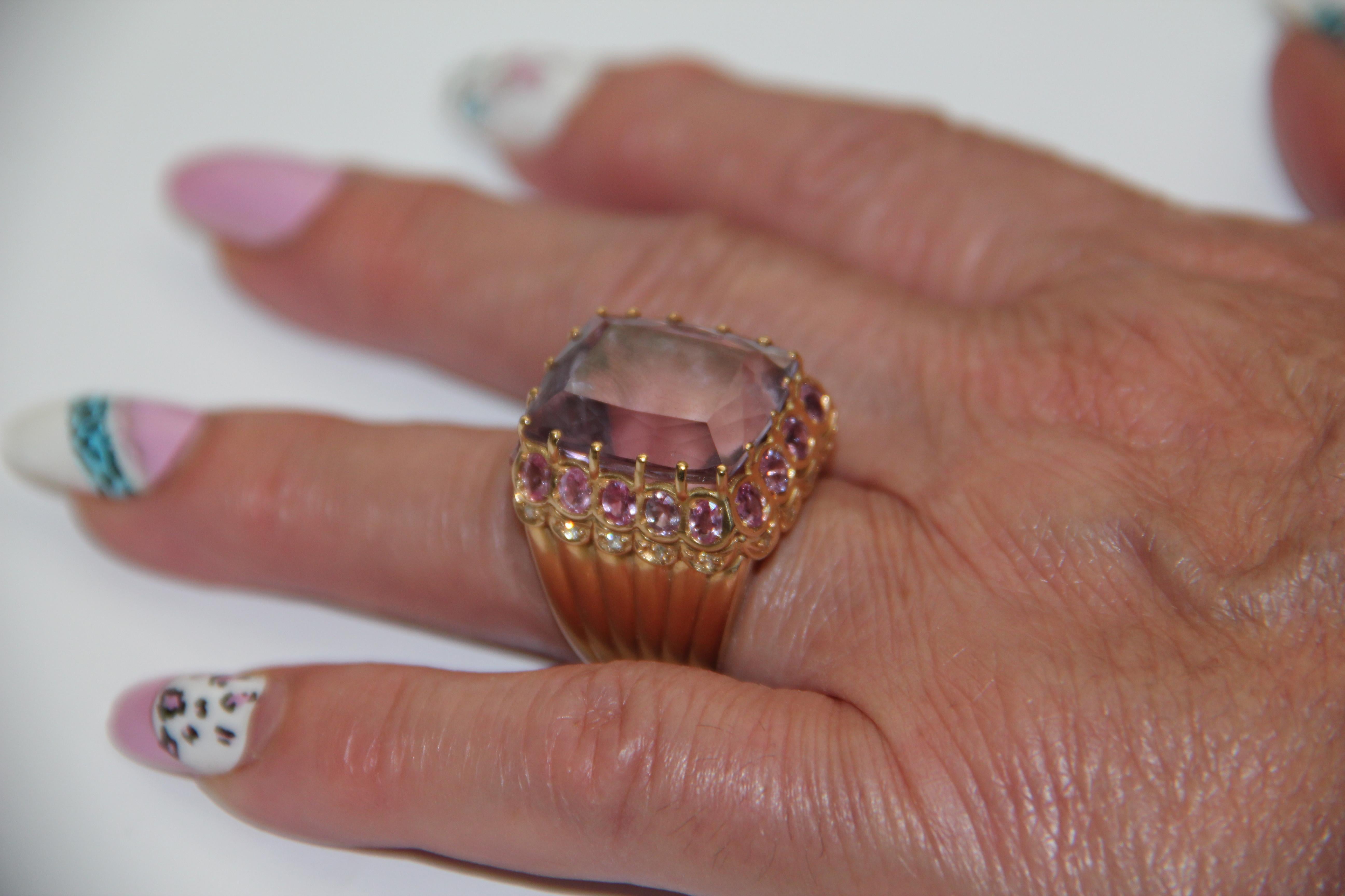 Handcraft Amethyst 18 Karat Yellow Gold Diamonds Pink Sapphires Cocktail Ring For Sale 9