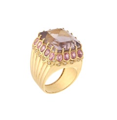 Handcraft Amethyst 18 Karat Yellow Gold Diamonds Pink Sapphires Cocktail Ring
