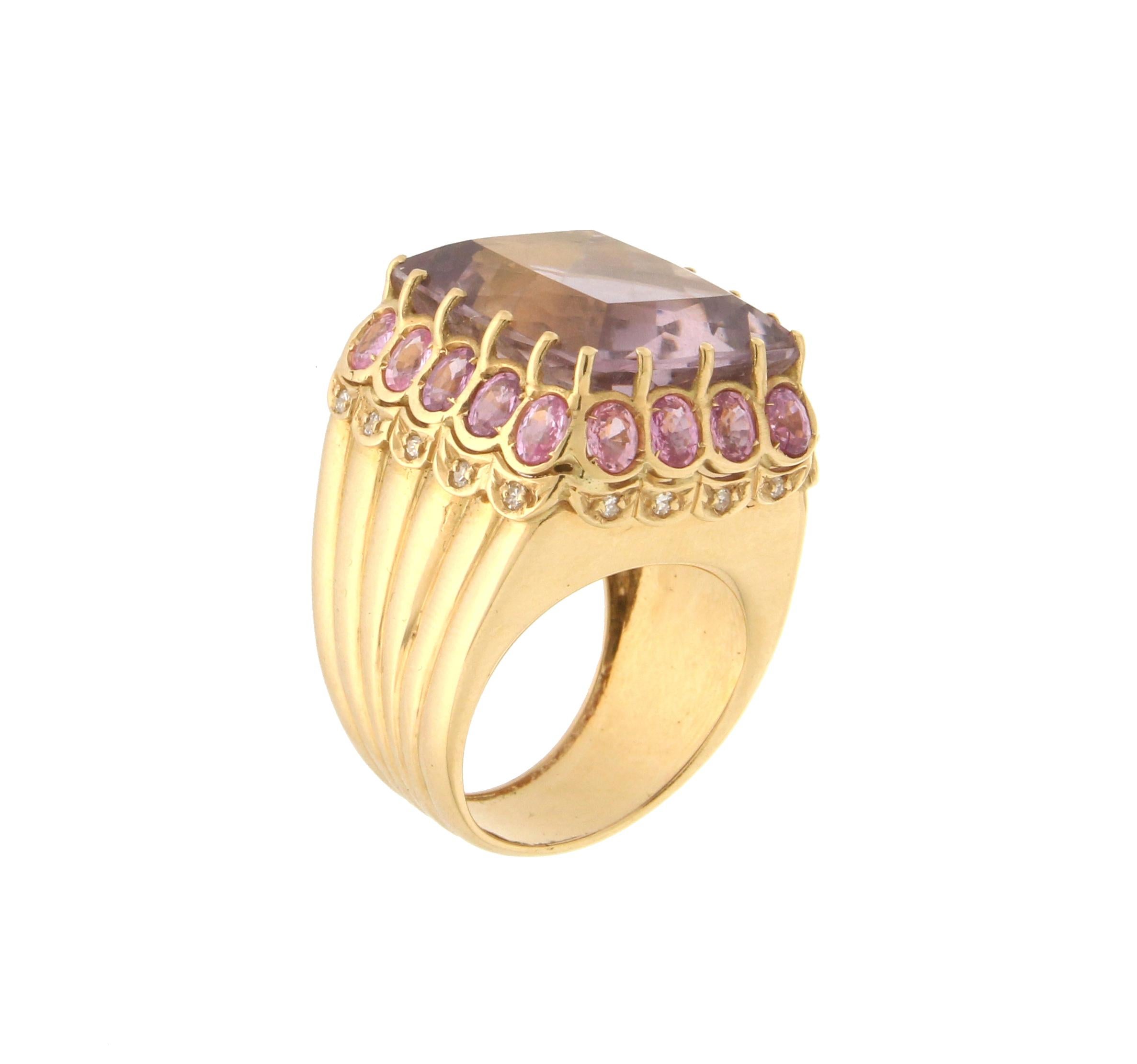 Artisan Handcraft Amethyst 18 Karat Yellow Gold Diamonds Pink Sapphires Cocktail Ring For Sale