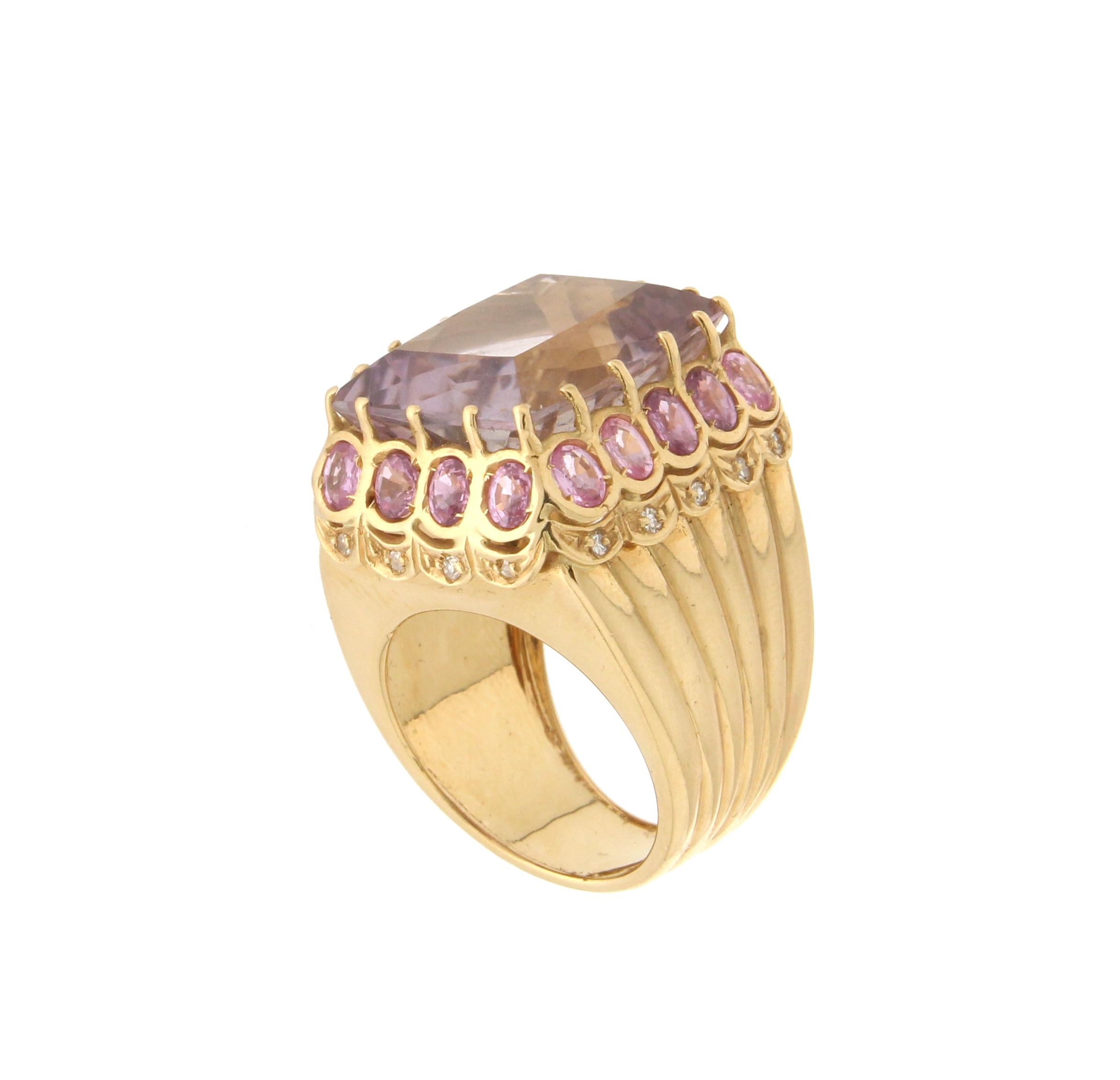 Women's Handcraft Amethyst 18 Karat Yellow Gold Diamonds Pink Sapphires Cocktail Ring For Sale