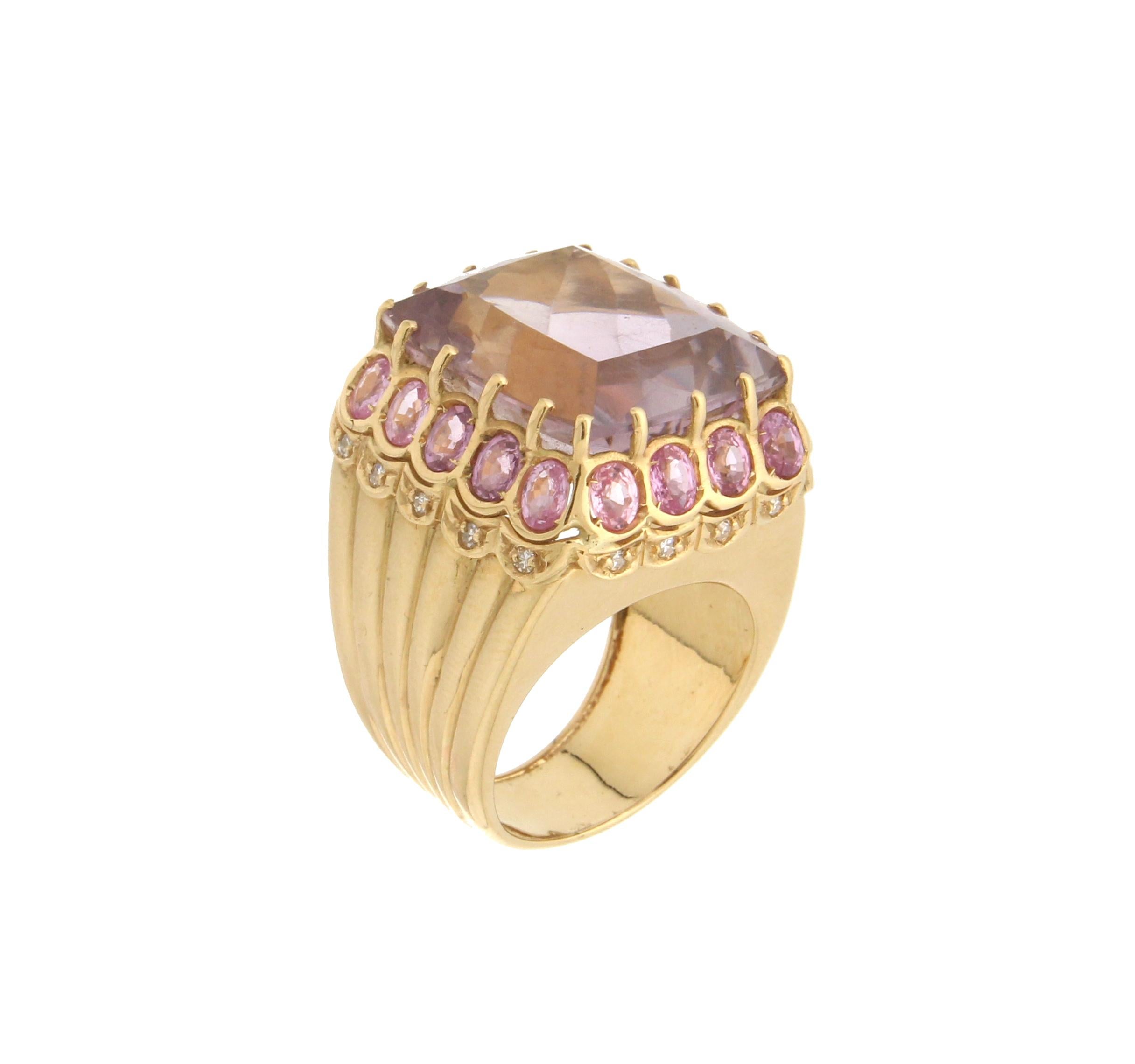 Handcraft Amethyst 18 Karat Yellow Gold Diamonds Pink Sapphires Cocktail Ring For Sale 1