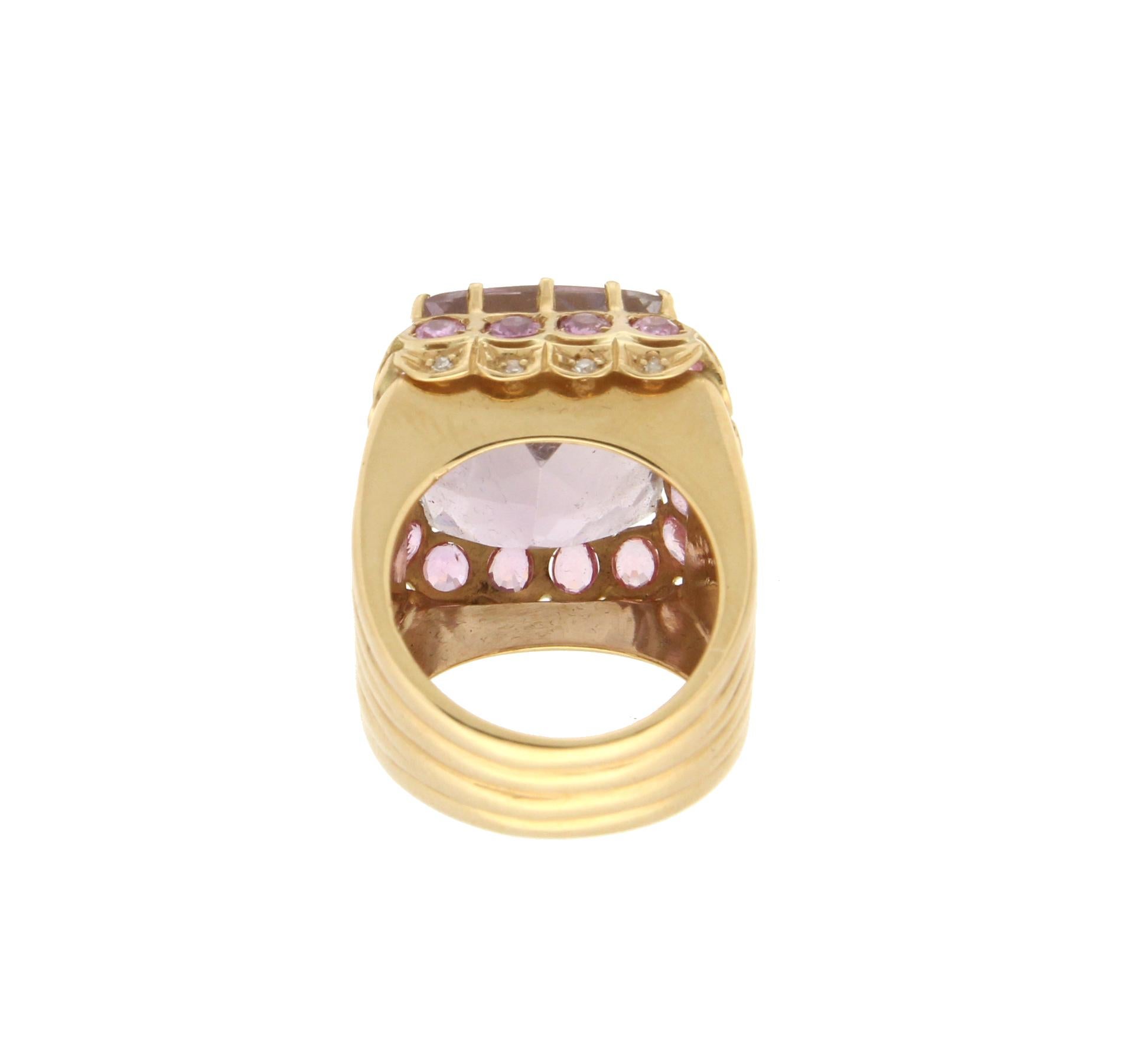 Handcraft Amethyst 18 Karat Yellow Gold Diamonds Pink Sapphires Cocktail Ring For Sale 2