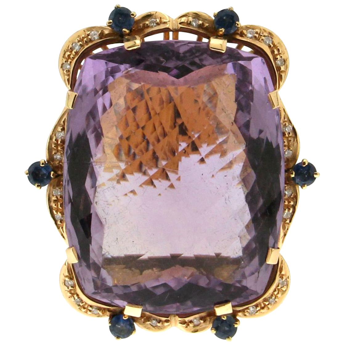 Anillo Cóctel Amatista Artesanal Oro Amarillo 18 Kilates Diamantes Zafiros