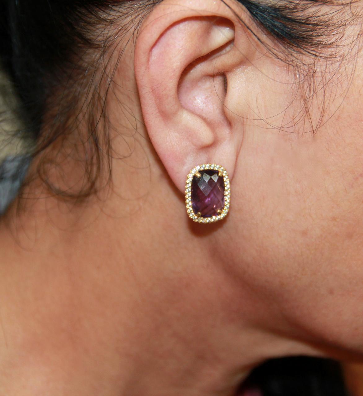 Handcraft Amethyst 18 Karat Yellow Gold Diamonds Stud Earrings For Sale 4
