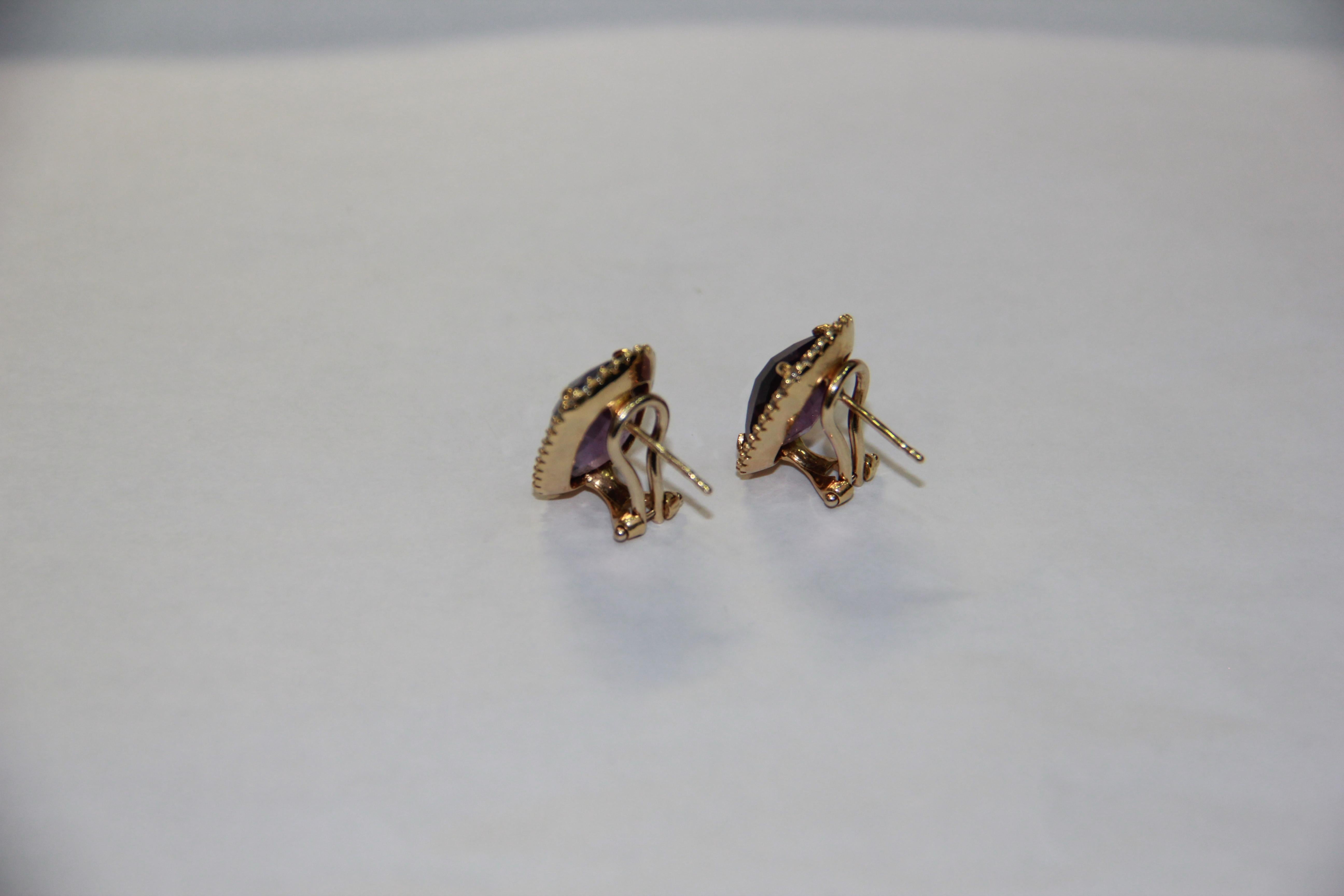 Handcraft Amethyst 18 Karat Yellow Gold Diamonds Stud Earrings For Sale 2