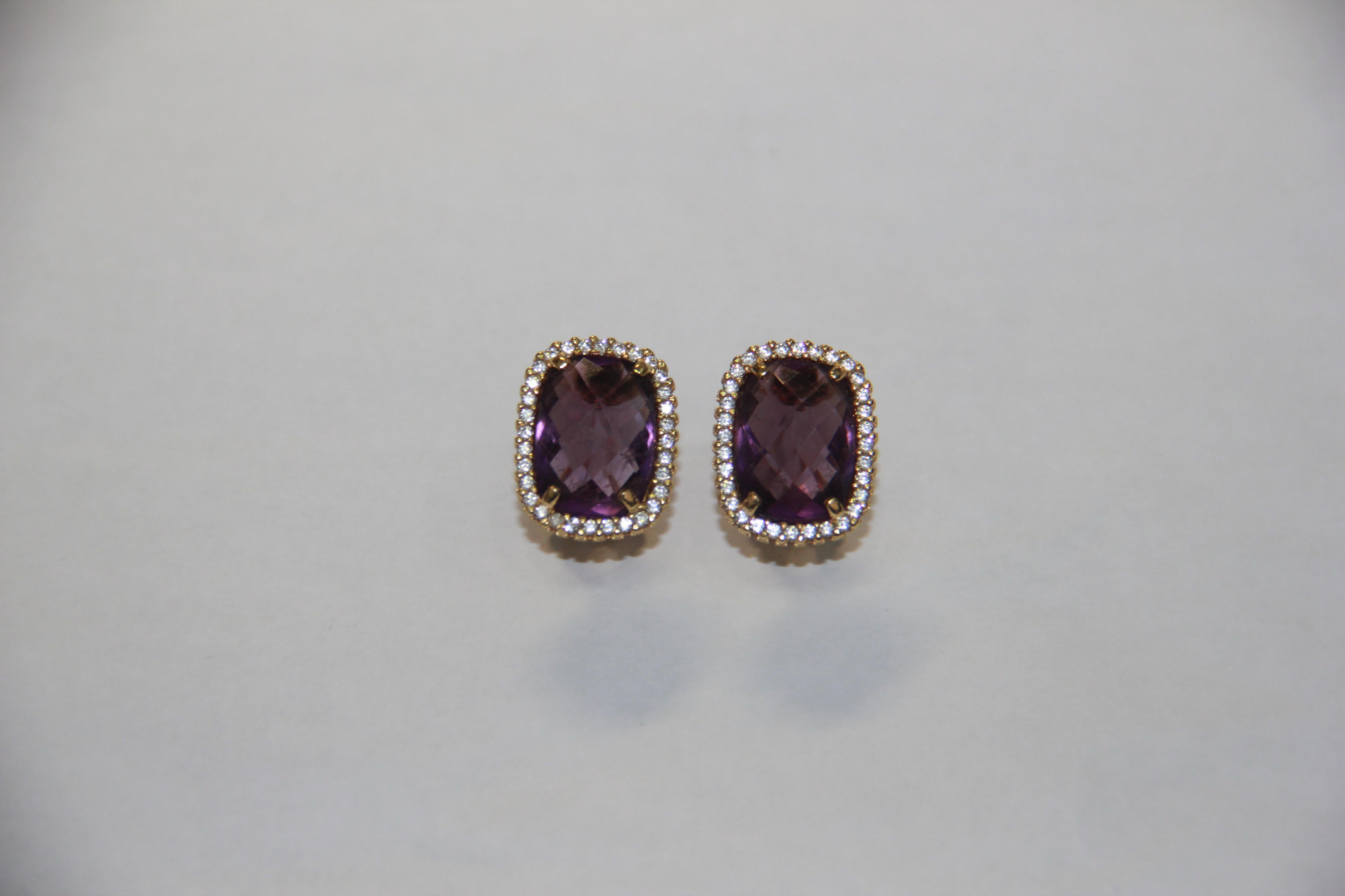 Handcraft Amethyst 18 Karat Yellow Gold Diamonds Stud Earrings For Sale 3