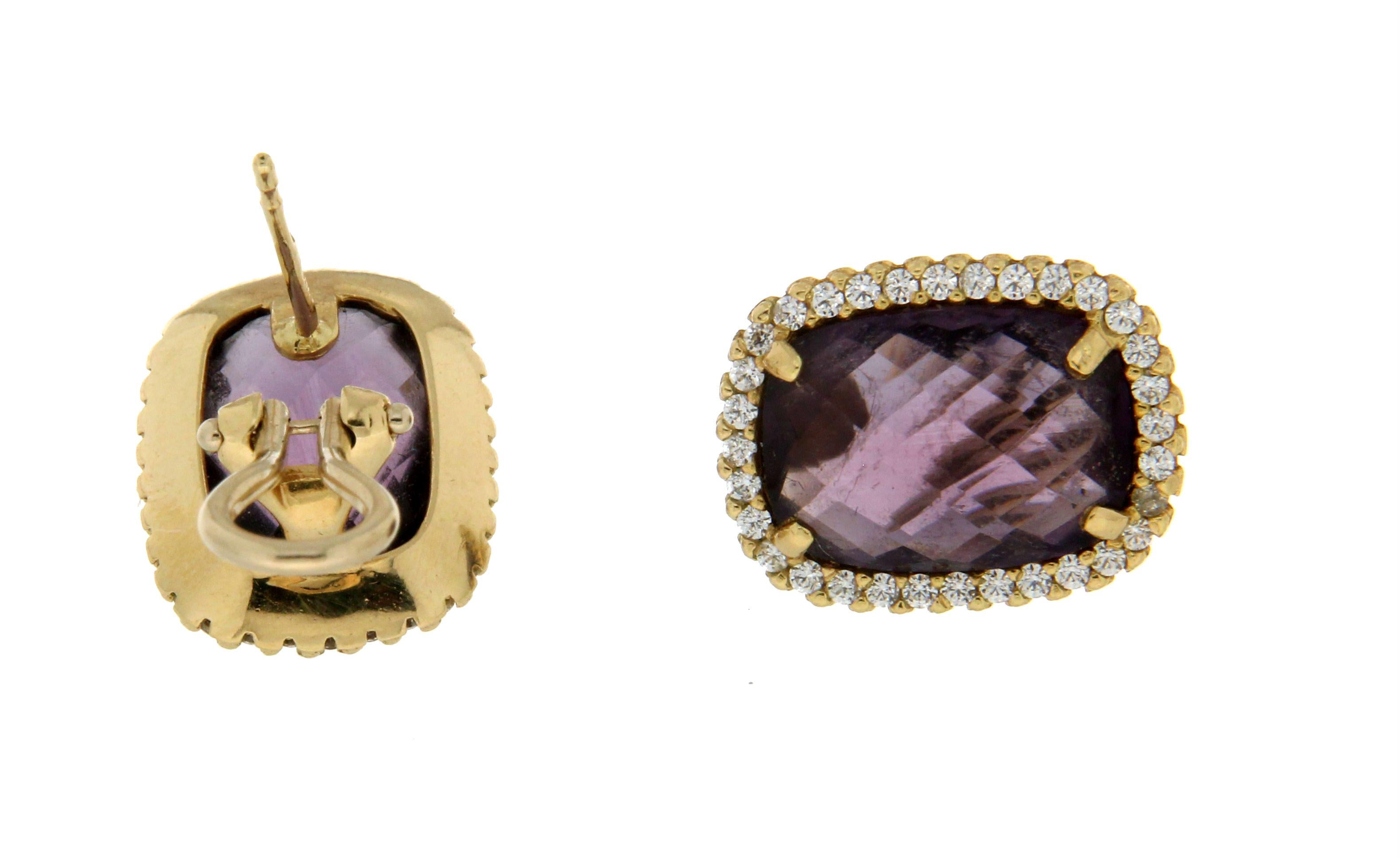 Artisan Handcraft Amethyst 18 Karat Yellow Gold Diamonds Stud Earrings For Sale