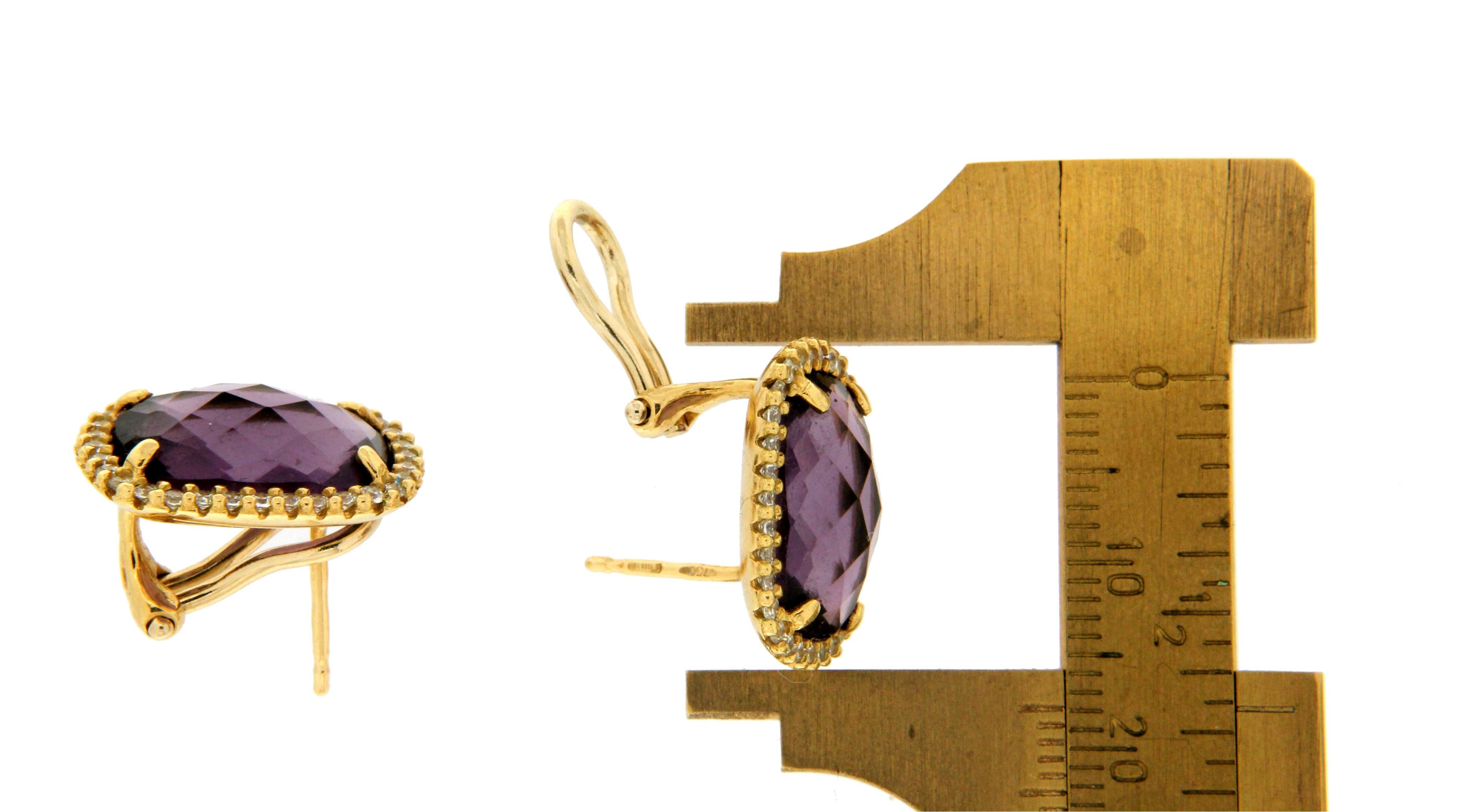 Brilliant Cut Handcraft Amethyst 18 Karat Yellow Gold Diamonds Stud Earrings For Sale