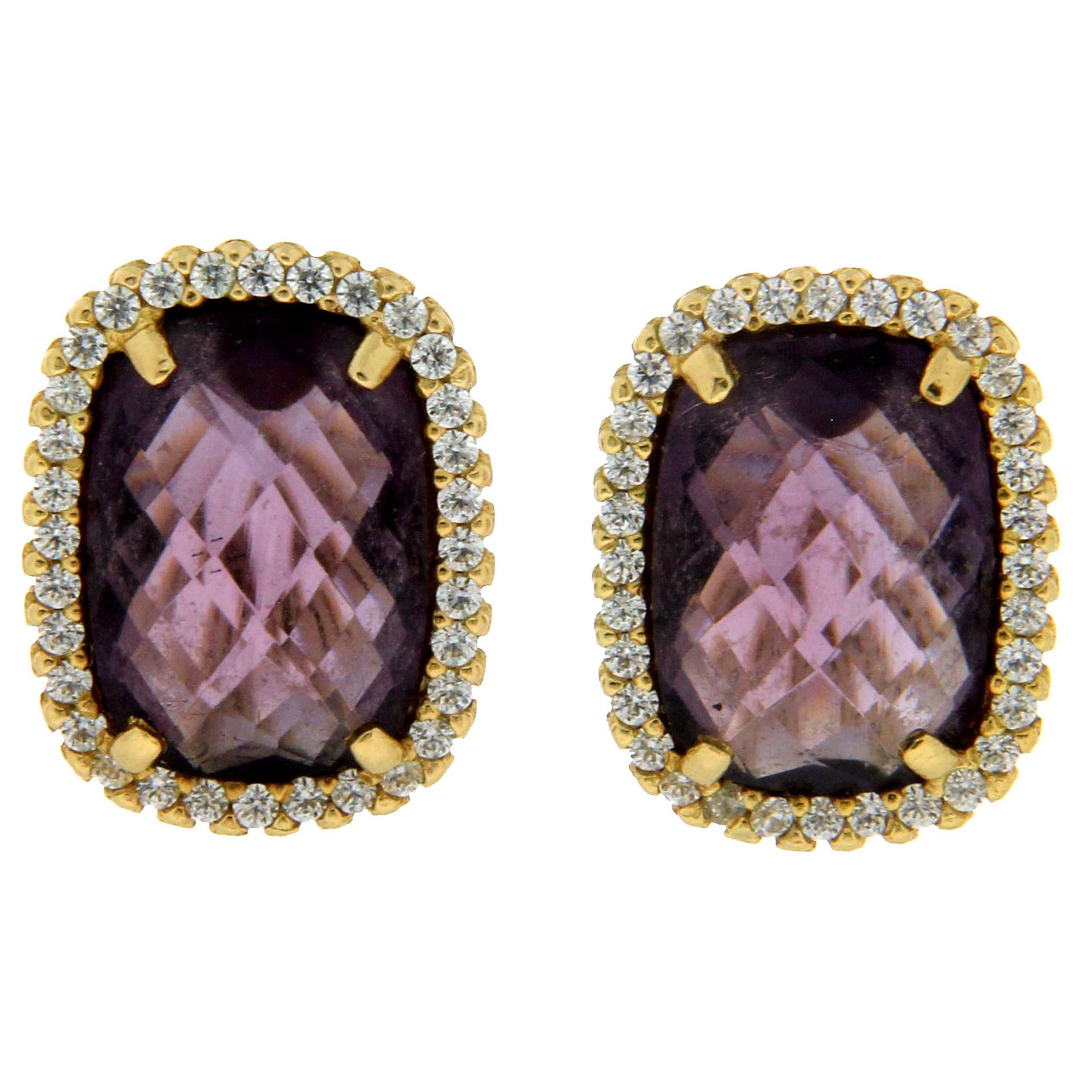 Handcraft Amethyst 18 Karat Yellow Gold Diamonds Stud Earrings