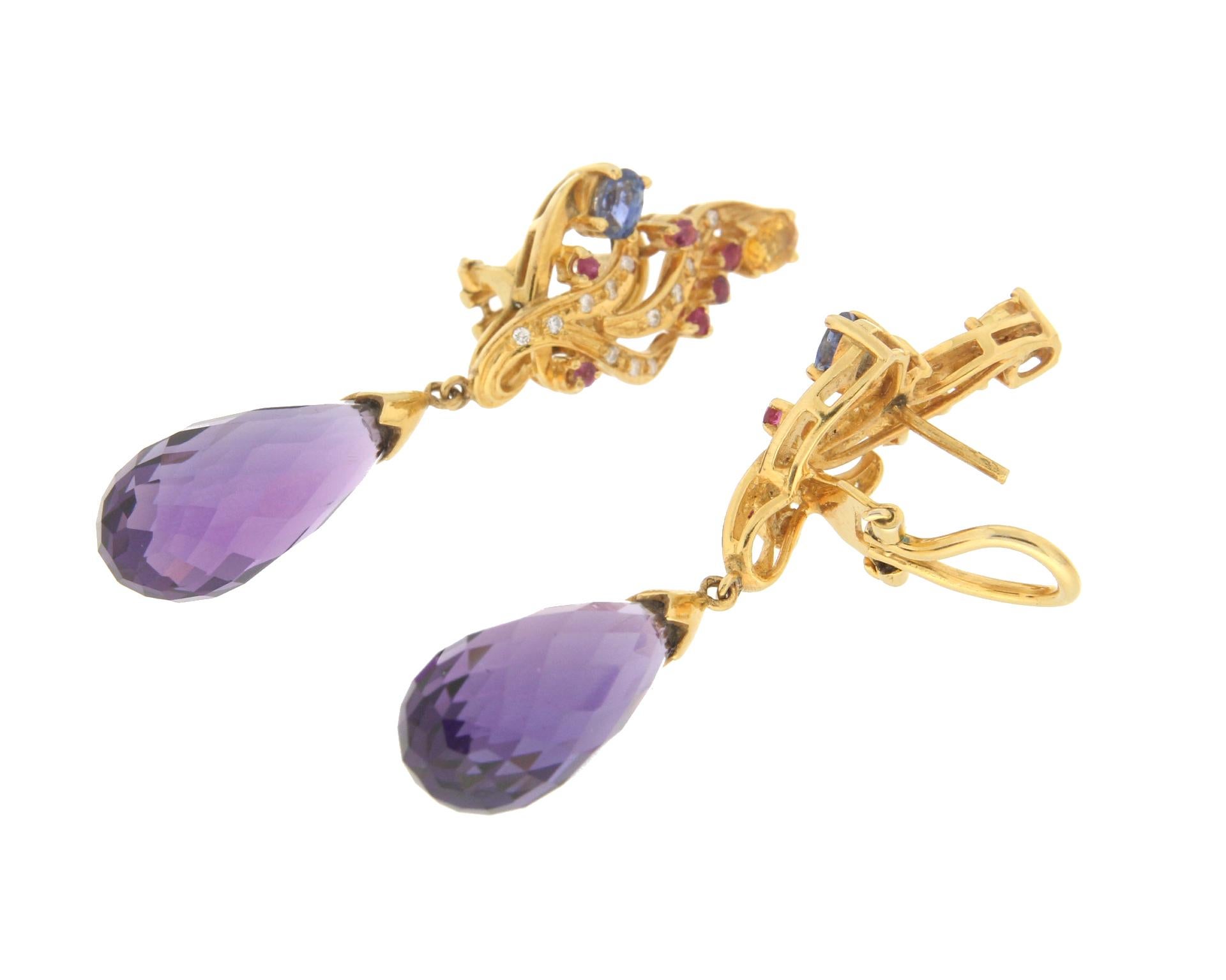 Artisan Handcraft Amethyst 18 Karat Yellow Gold Ruby Sapphires Diamonds Drop Earrings