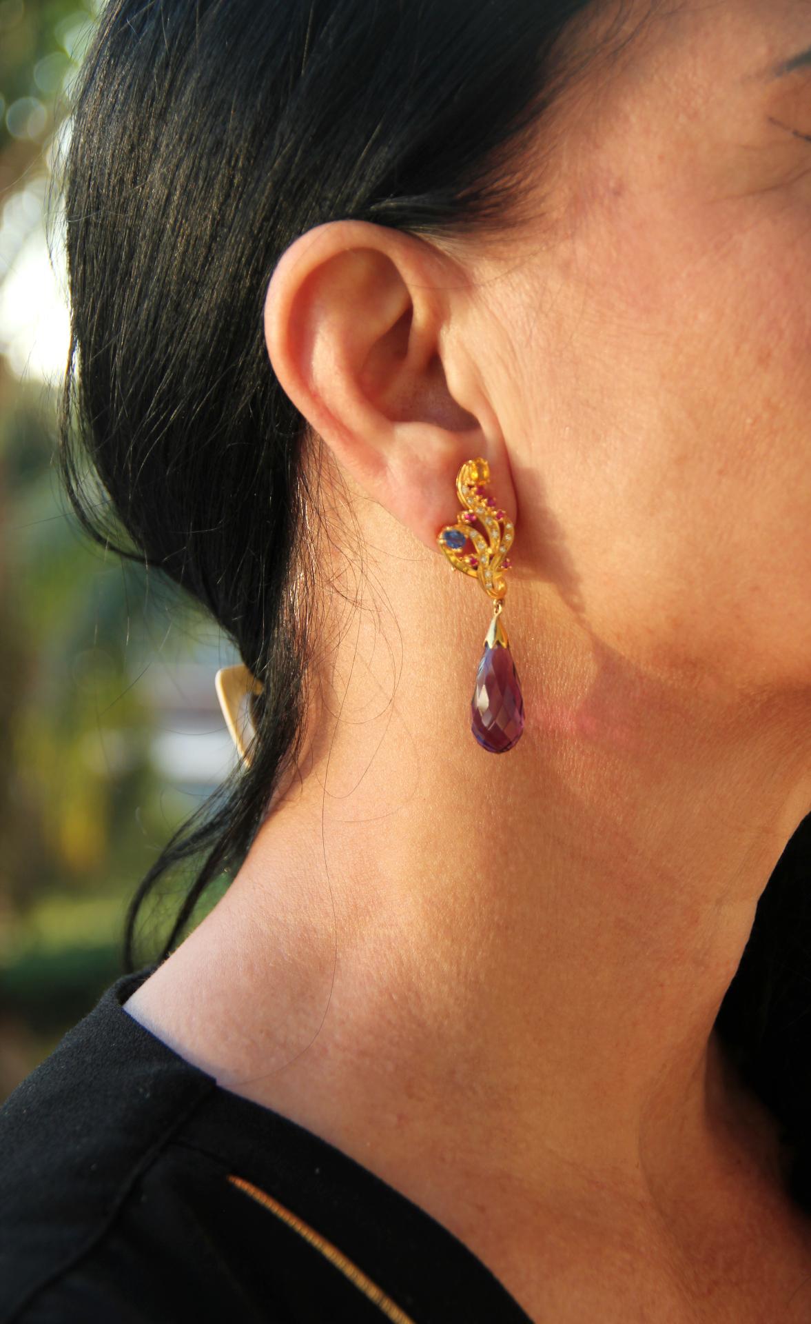 Women's or Men's Handcraft Amethyst 18 Karat Yellow Gold Ruby Sapphires Diamonds Drop Earrings