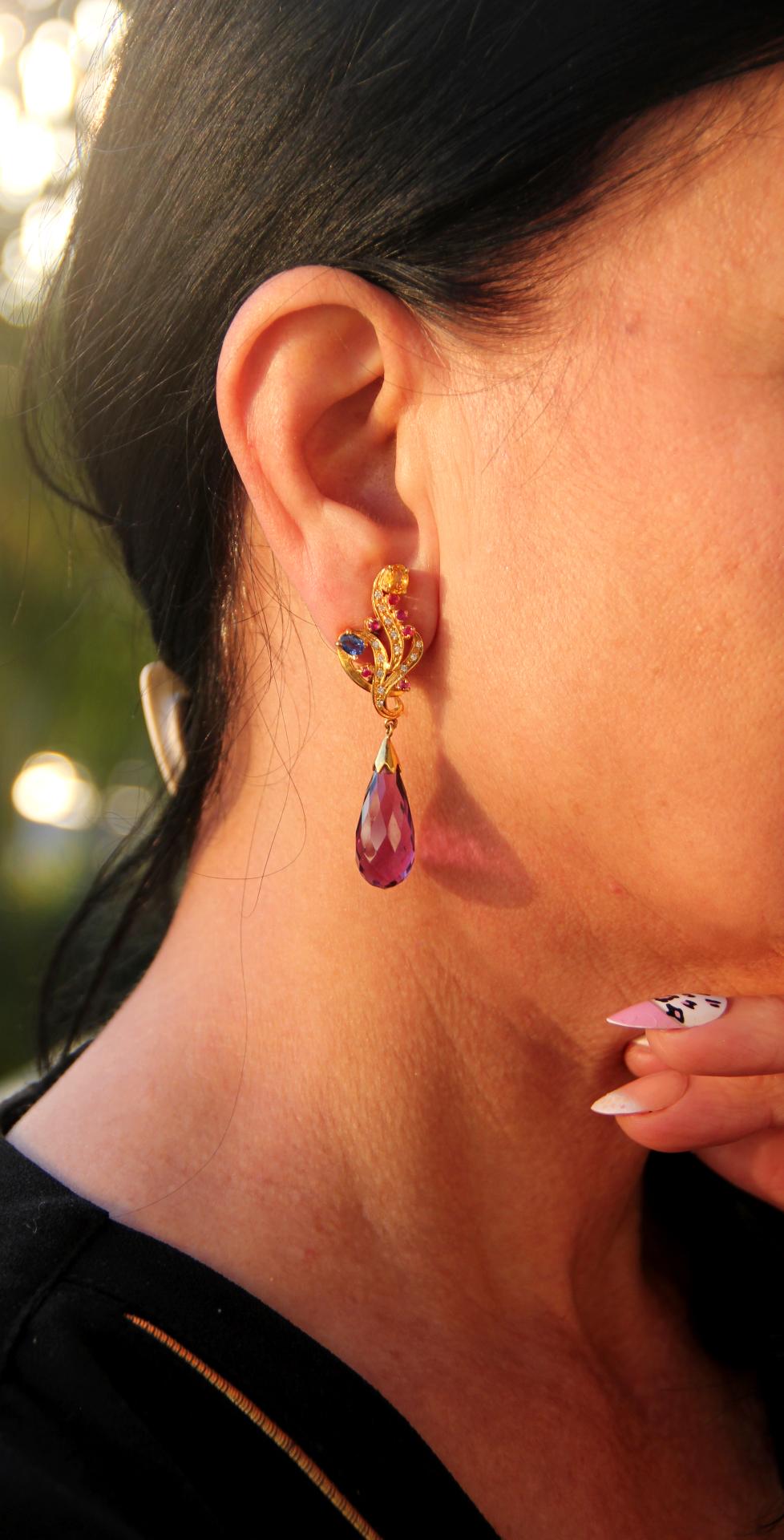 Handcraft Amethyst 18 Karat Yellow Gold Ruby Sapphires Diamonds Drop Earrings 2