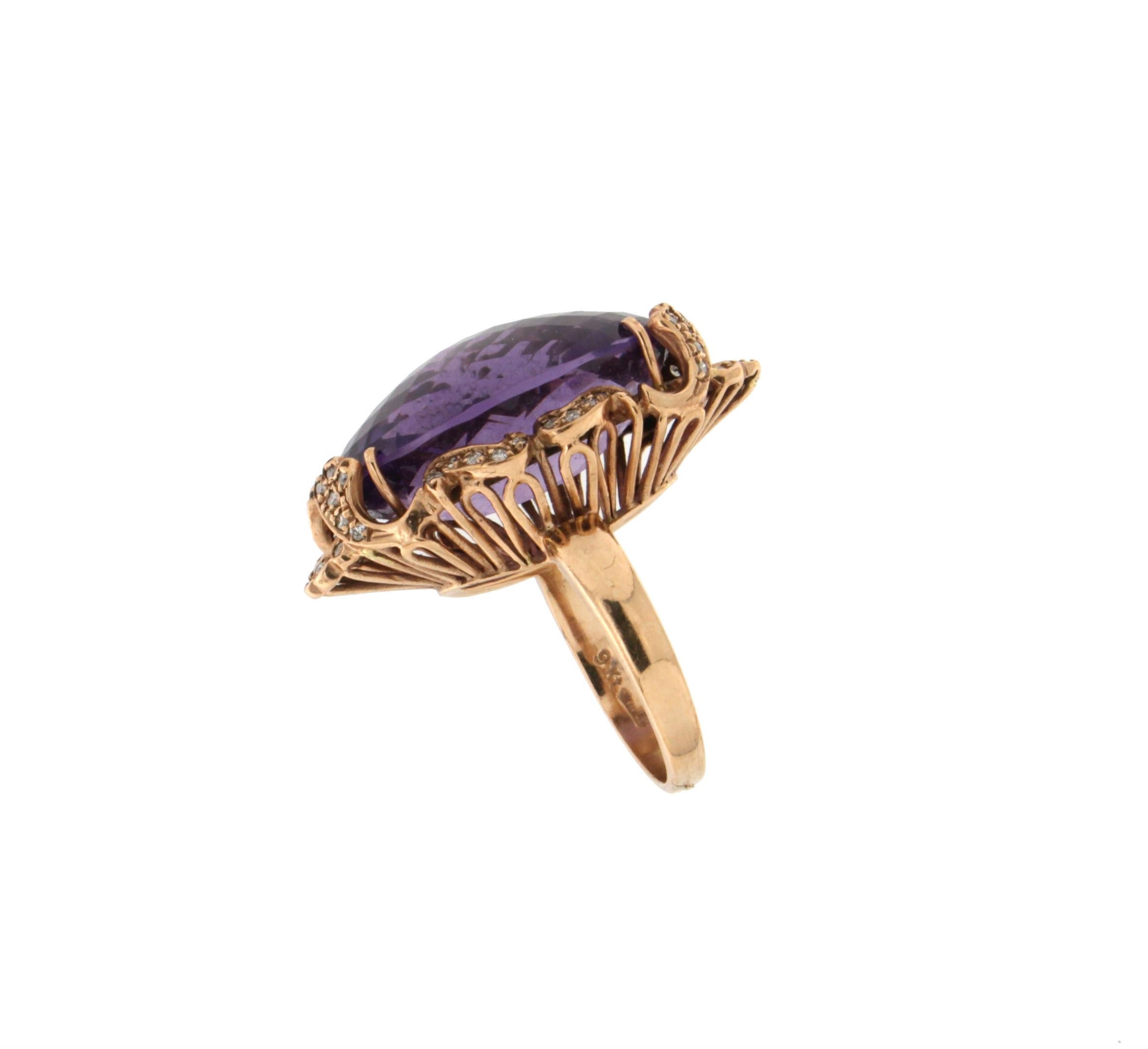 Artisan Handcraft Amethyst 9 Karat Yellow Gold Diamonds Cocktail Ring For Sale