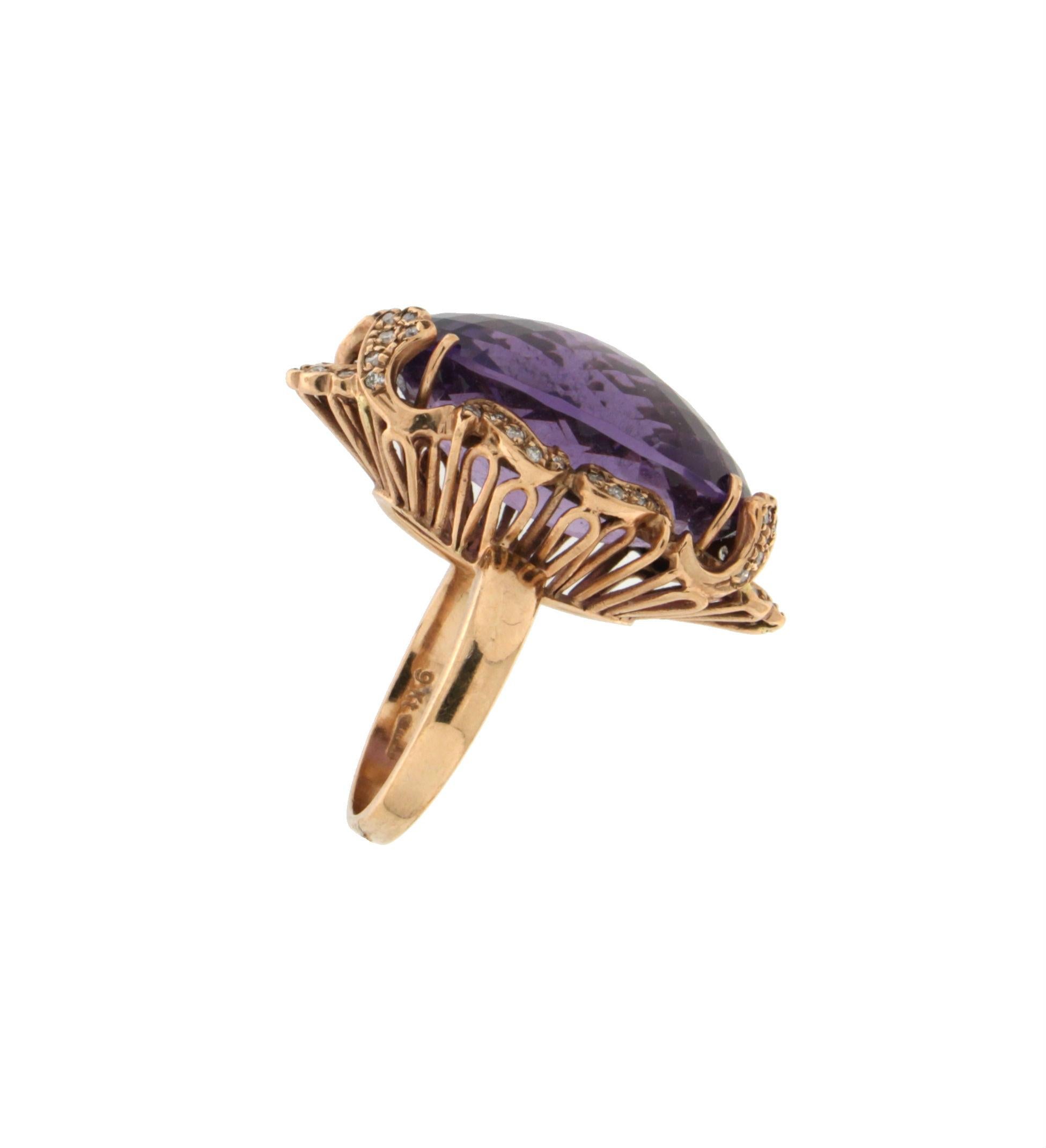 Marquise Cut Handcraft Amethyst 9 Karat Yellow Gold Diamonds Cocktail Ring For Sale