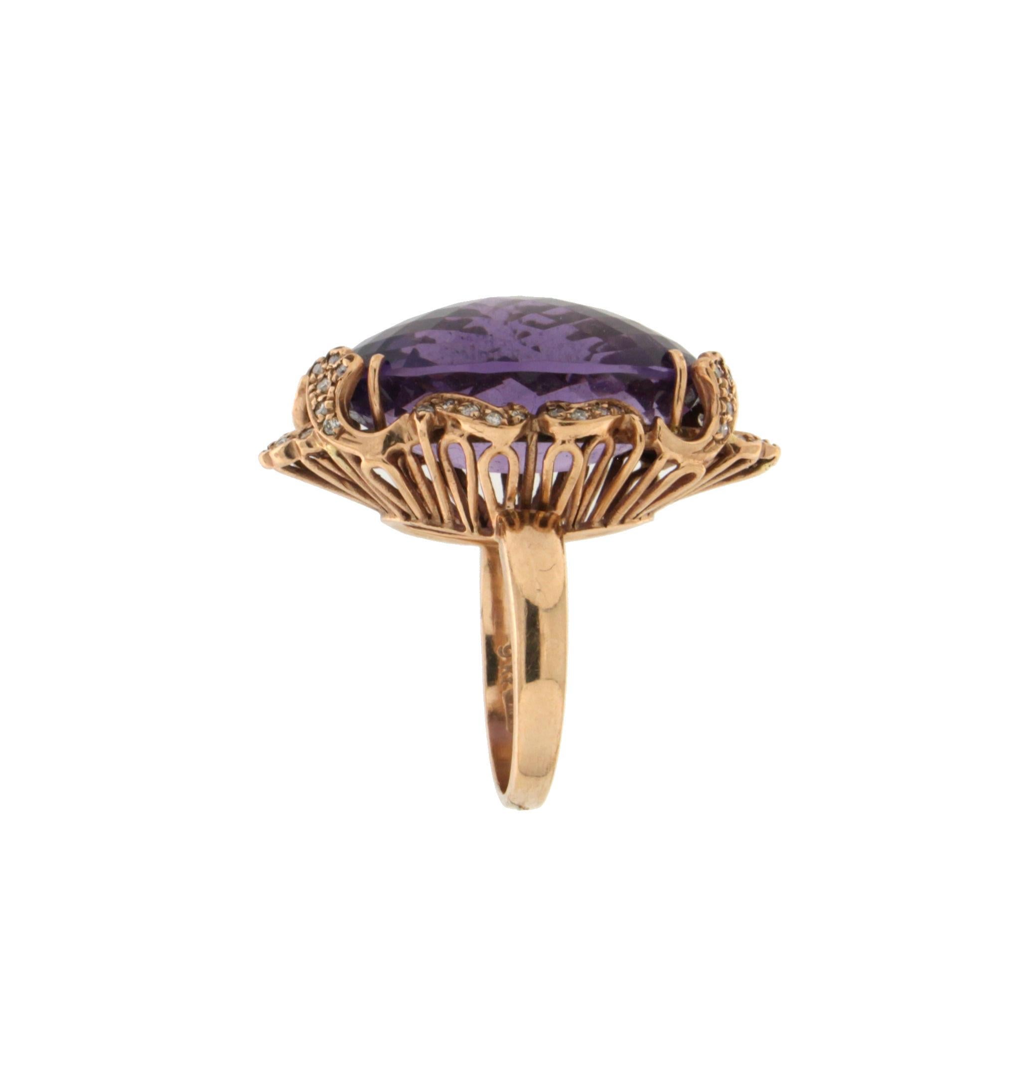 Handcraft Amethyst 9 Karat Yellow Gold Diamonds Cocktail Ring In New Condition For Sale In Marcianise, IT