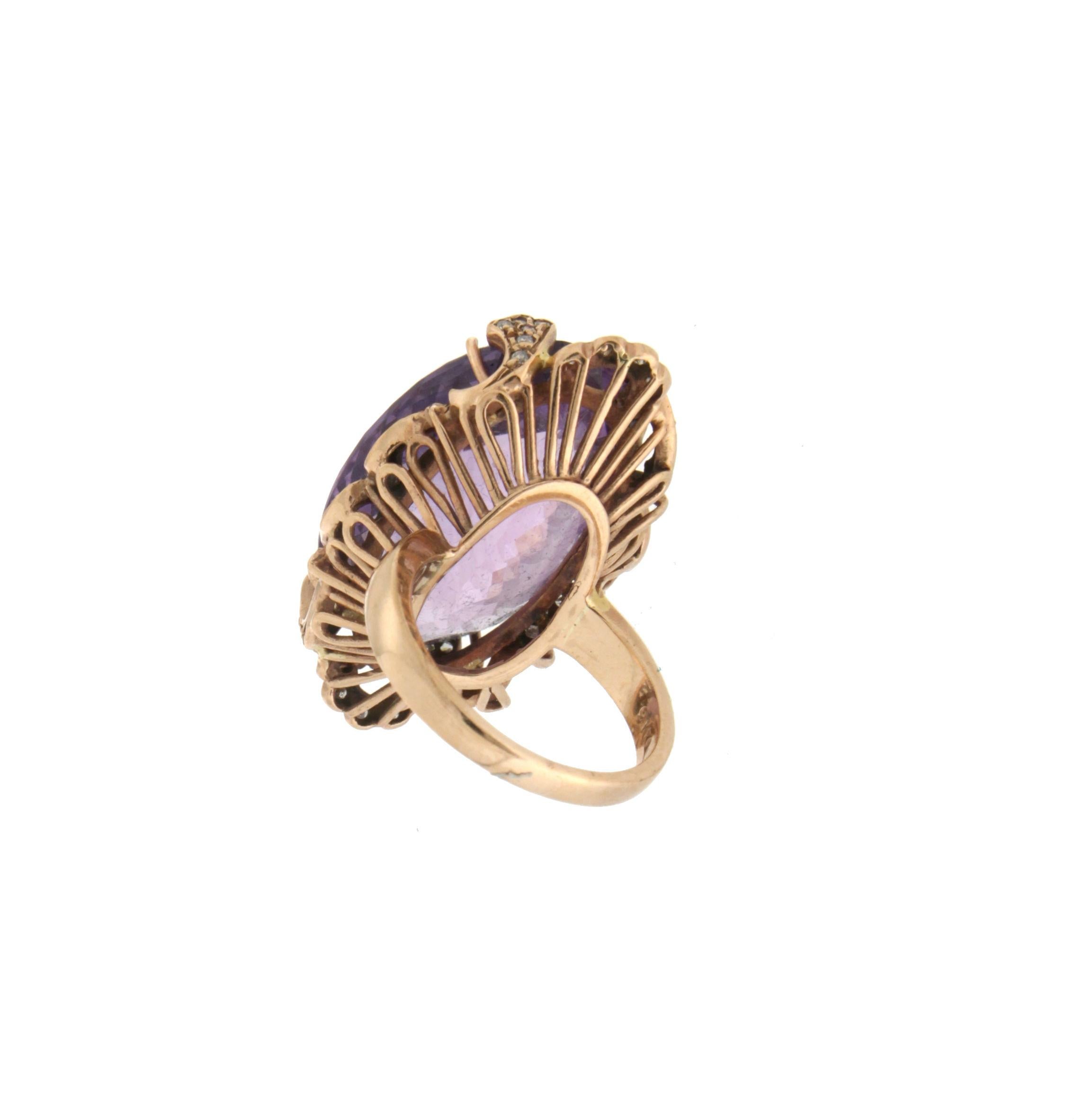 Women's or Men's Handcraft Amethyst 9 Karat Yellow Gold Diamonds Cocktail Ring For Sale