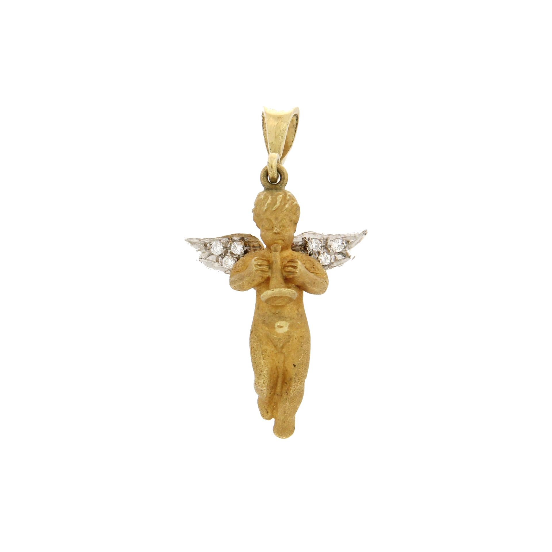 Handcraft Angel 18 Karat Yellow Gold Diamonds Pendant Necklace In New Condition In Marcianise, IT