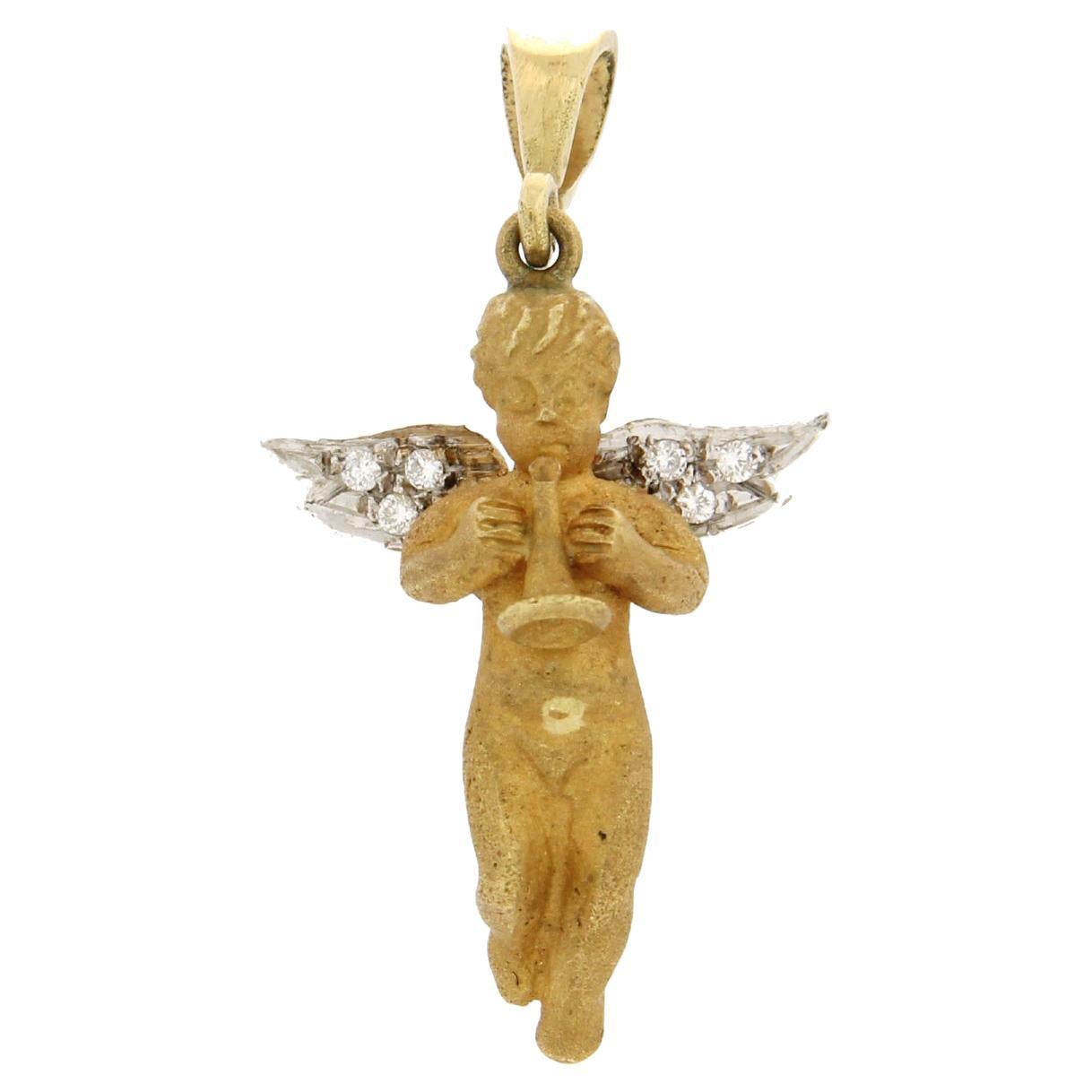 Handcraft Angel 18 Karat Yellow Gold Diamonds Pendant Necklace