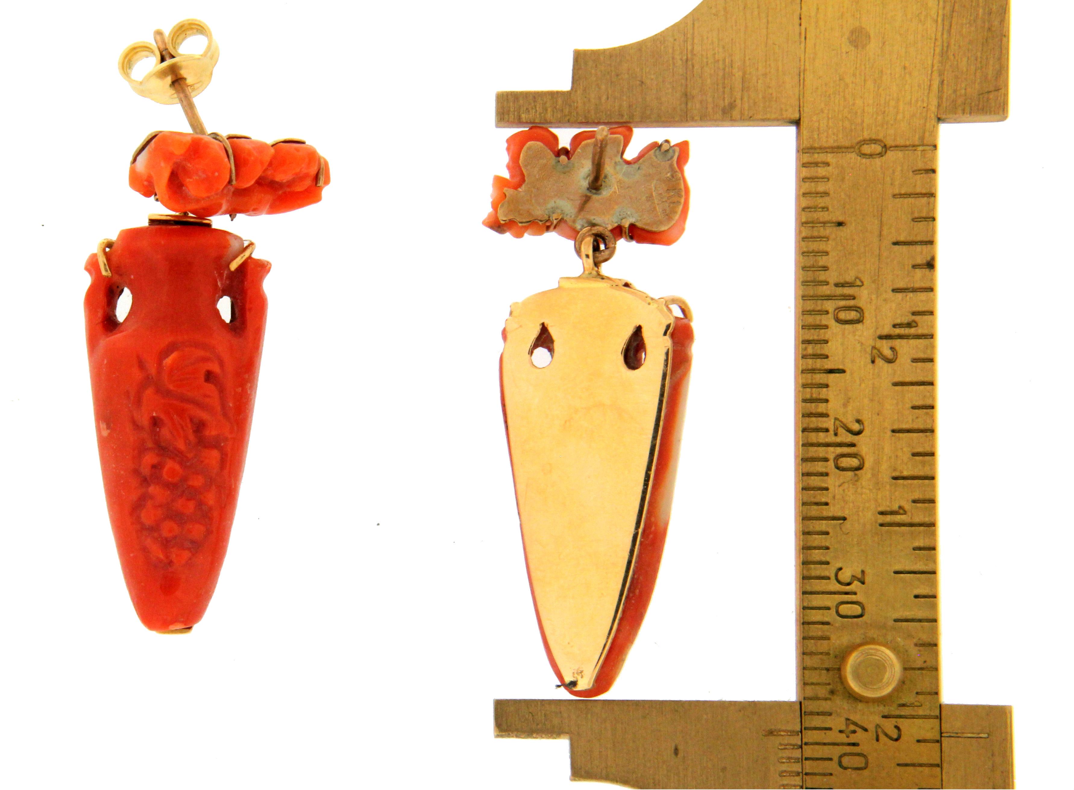 Artisan Handcraft Angel Coral 9 Karat Yellow Gold Drop Earrings For Sale