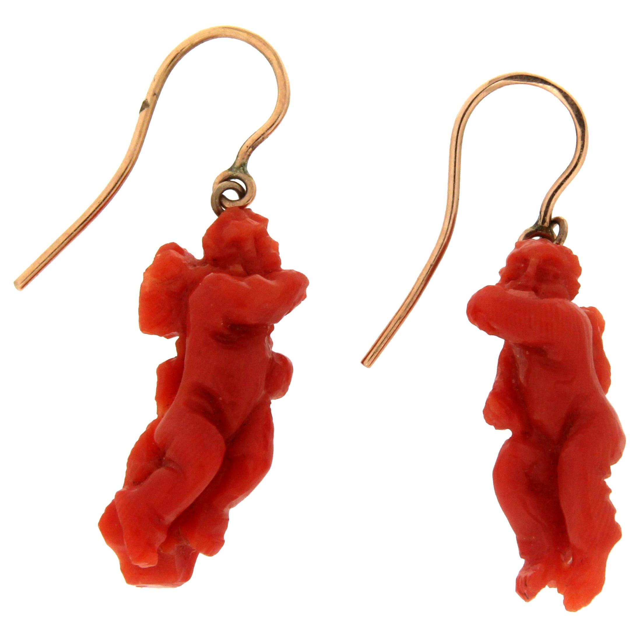 Handcraft Angel Coral 9 Karat Yellow Gold Drop Earrings For Sale