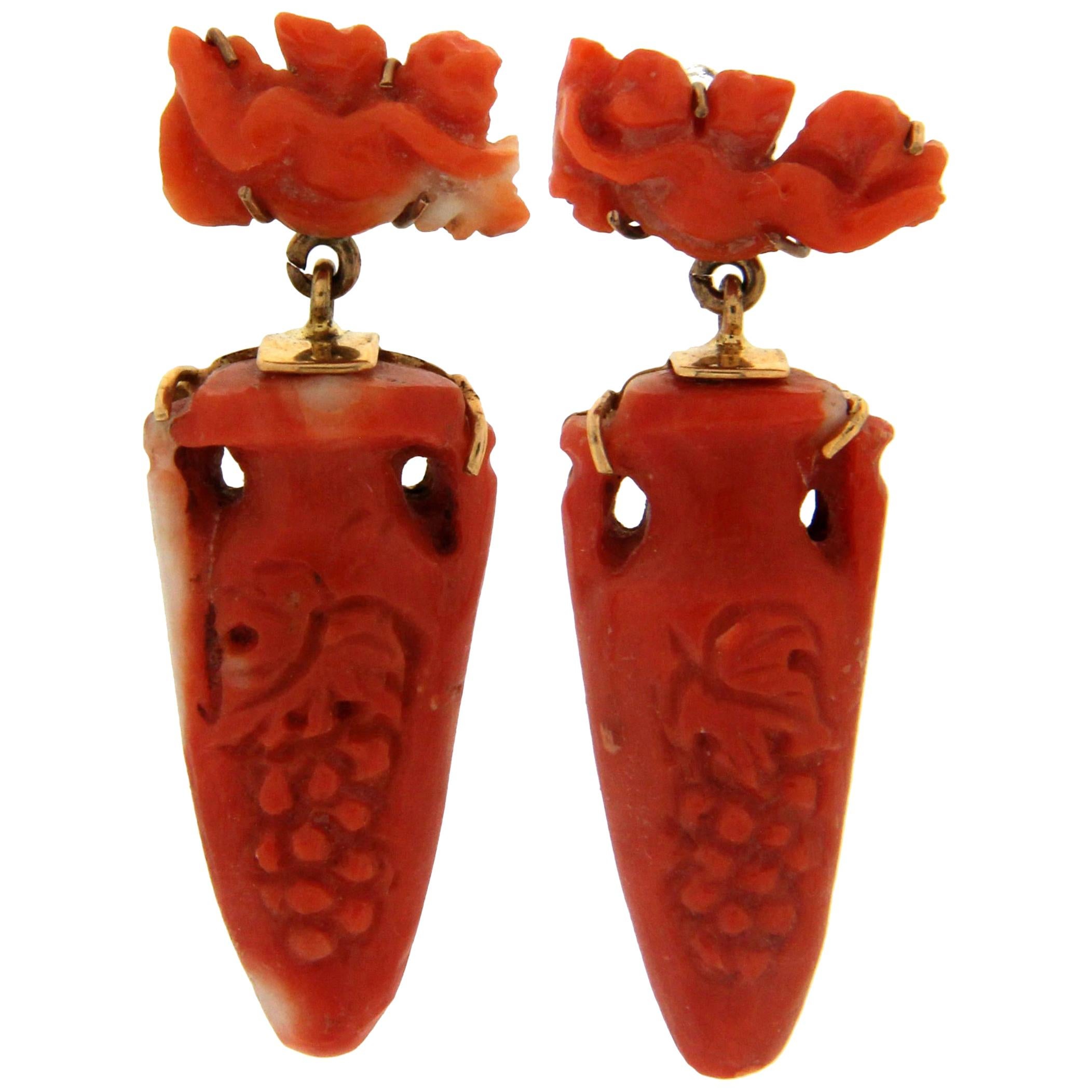 Handcraft Angel Coral 9 Karat Yellow Gold Drop Earrings For Sale