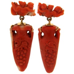 Vintage Handcraft Angel Coral 9 Karat Yellow Gold Drop Earrings