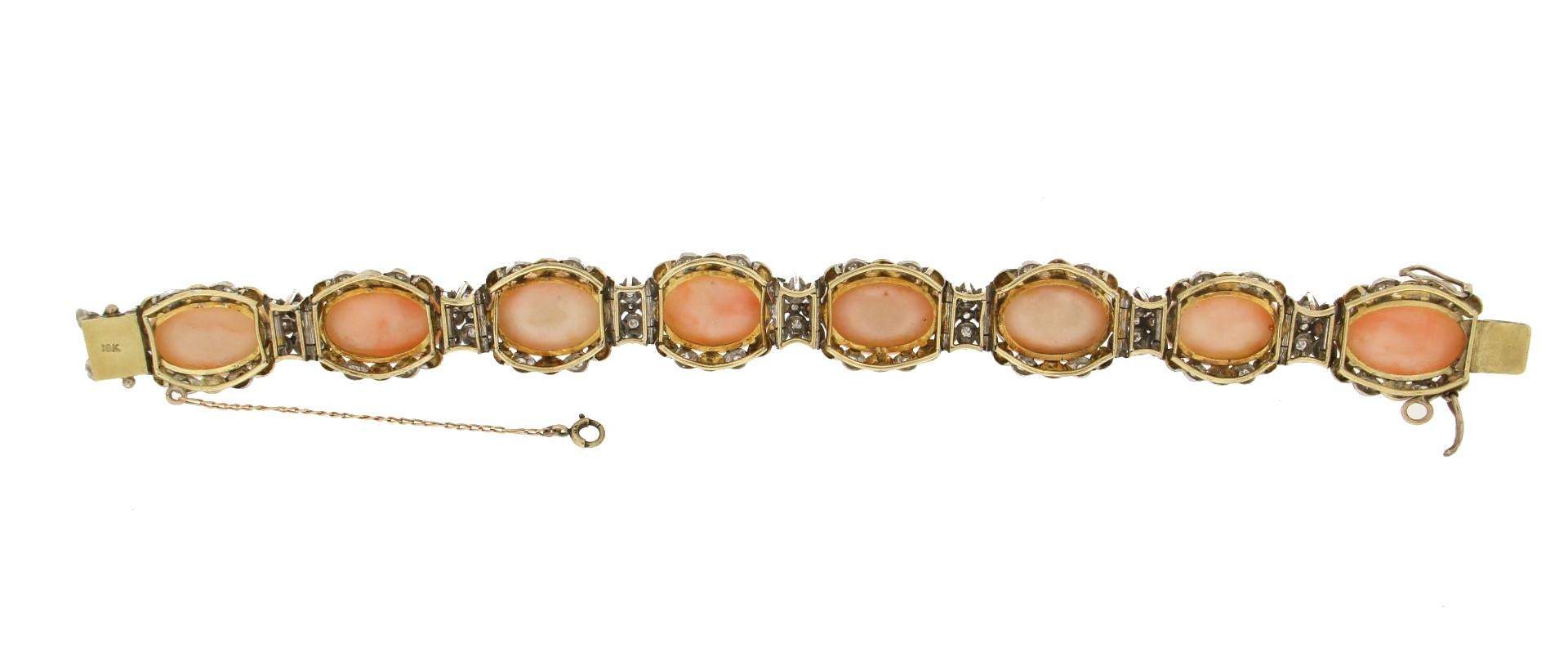 Handcraft Angel Skin Coral 18 Karat Gold Diamonds Cuff Bracelet For Sale 4