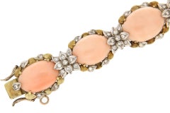 Handcraft Angel Skin Coral 18 Karat Gold Diamonds Cuff Bracelet