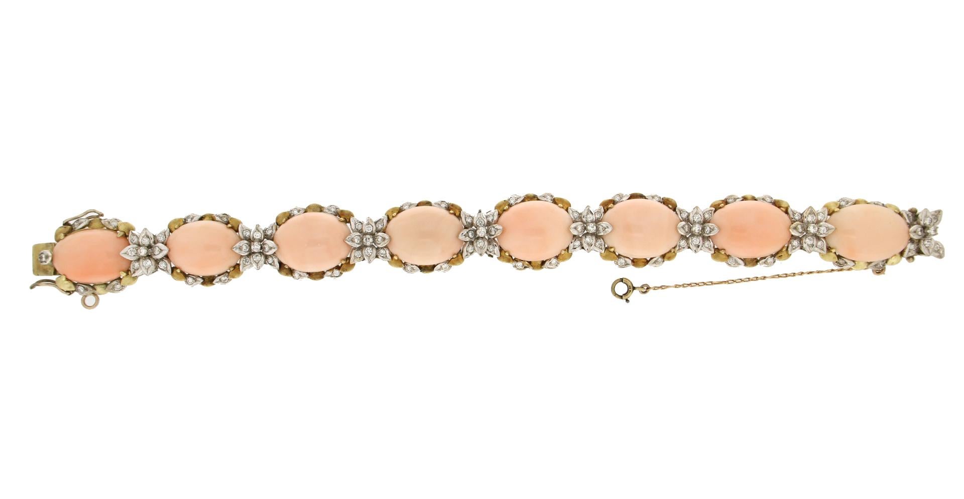 Artisan Handcraft Angel Skin Coral 18 Karat Gold Diamonds Cuff Bracelet For Sale